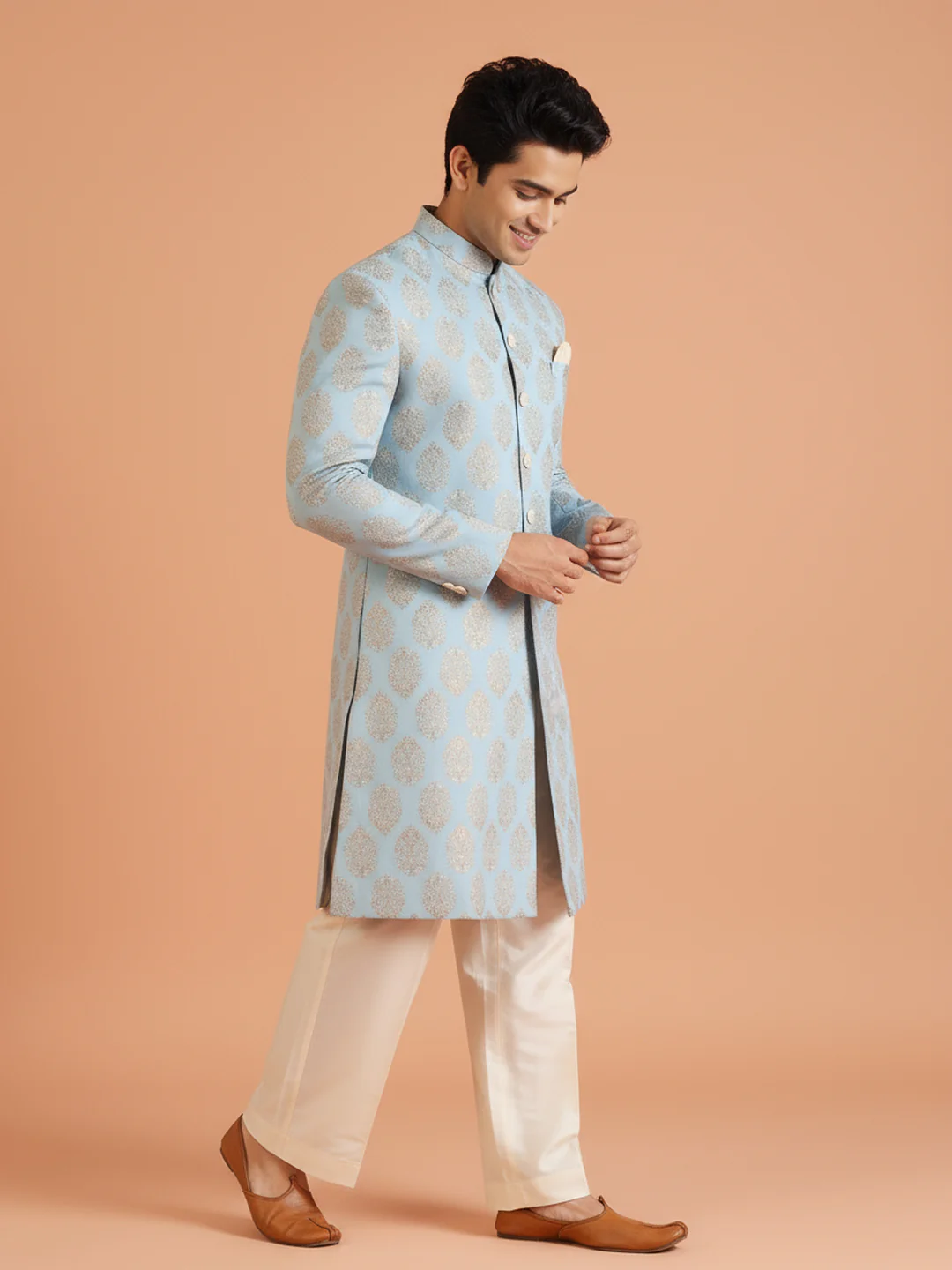 Sky Blue Brocade Sherwani Trouser Set - Image 4