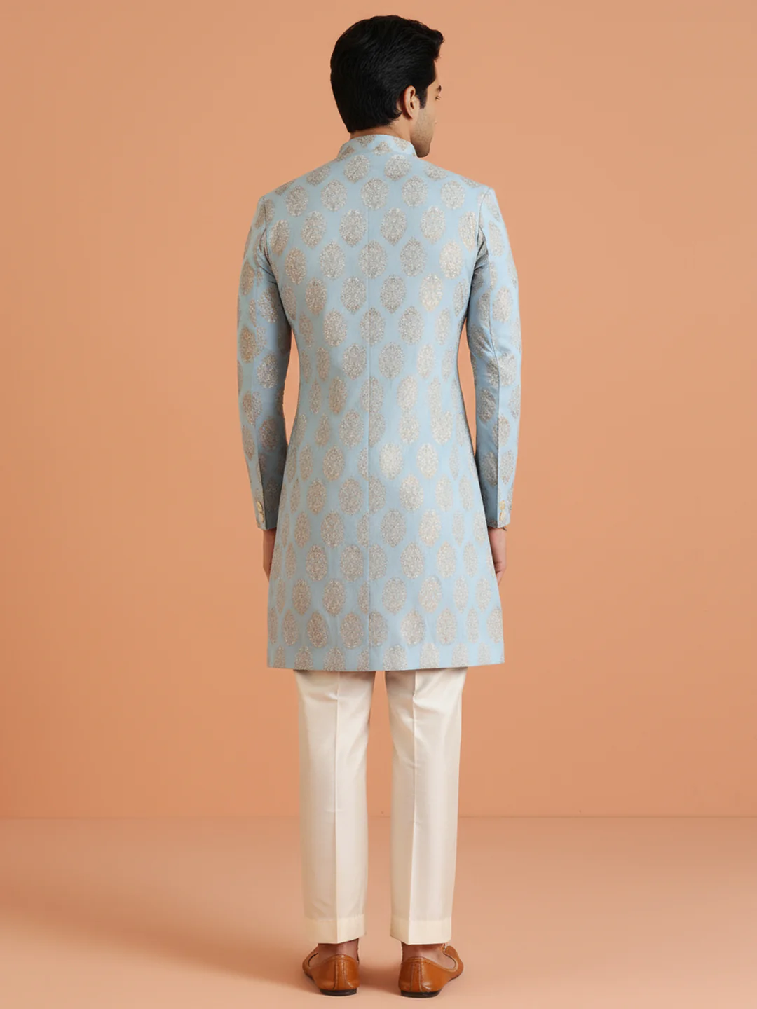 Sky Blue Brocade Sherwani Trouser Set - Image 5
