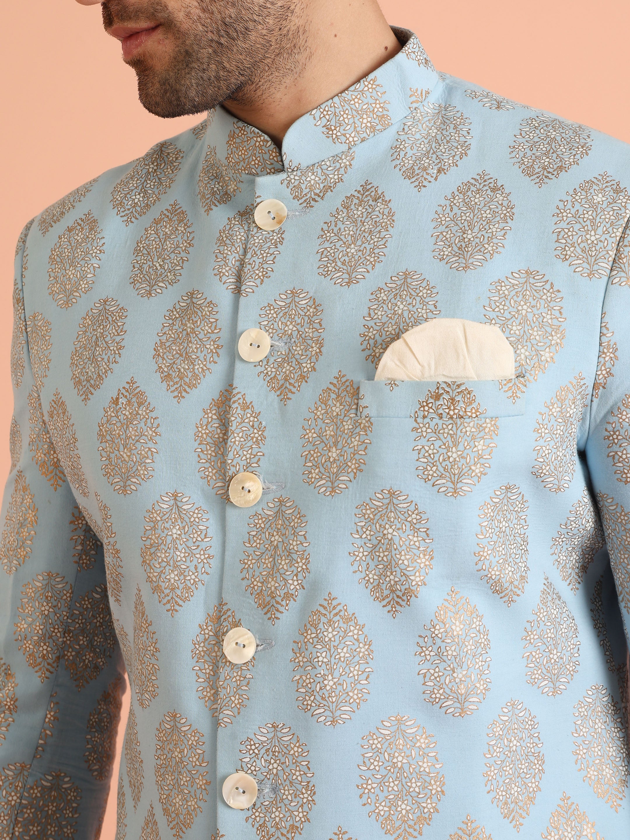 Sky Blue Brocade Sherwani Trouser Set - Image 6