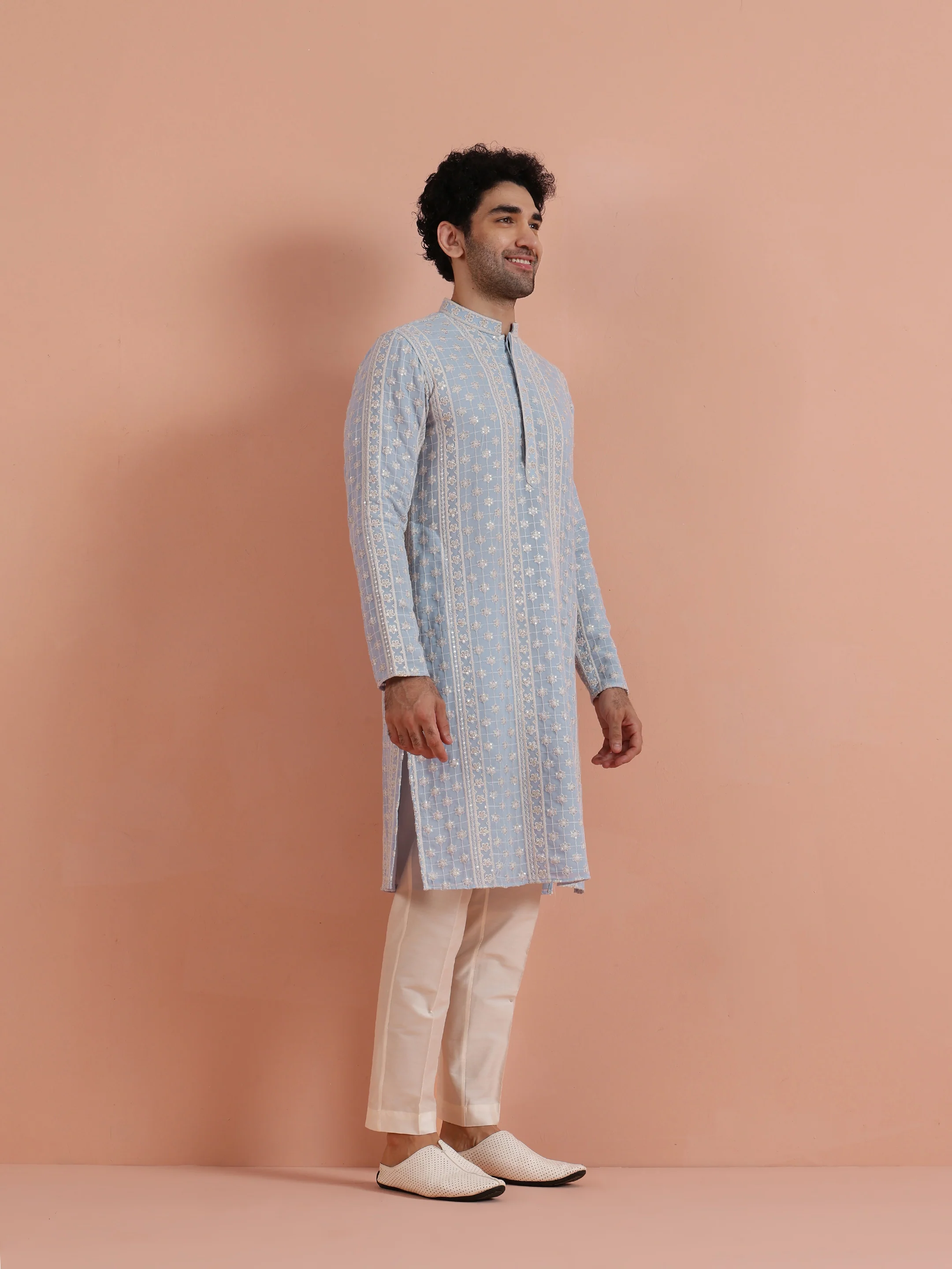 Sky Blue Embroidered Sequin Kurta - Image 3