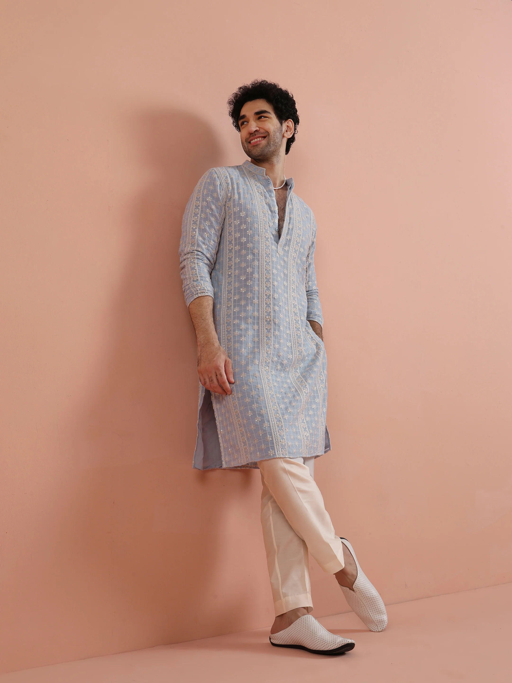 Sky Blue Embroidered Sequin Kurta - Image 8