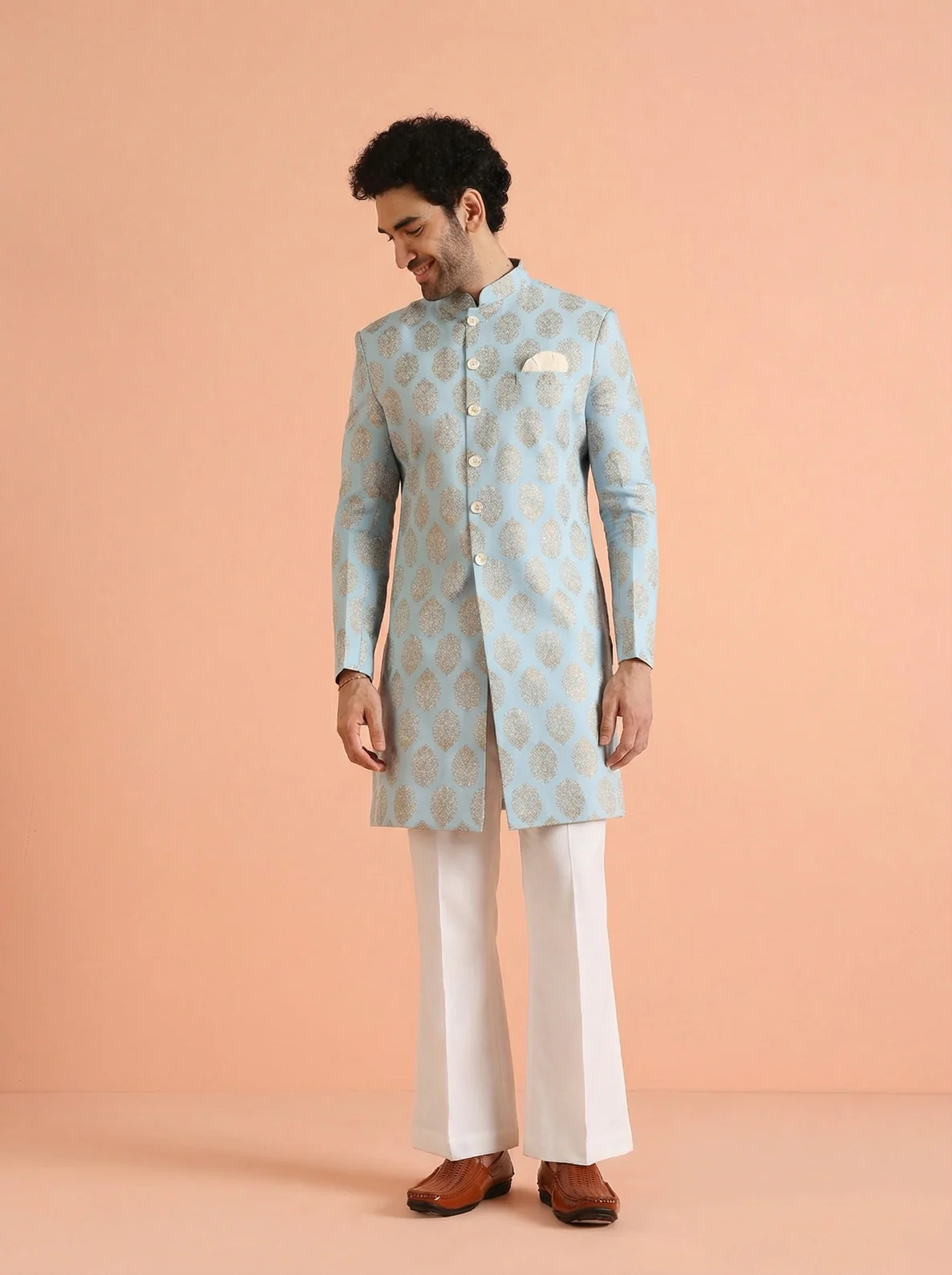 Sky Blue Pure Cotton Printed Sherwani Wide Leg Trouser Set - Image 6