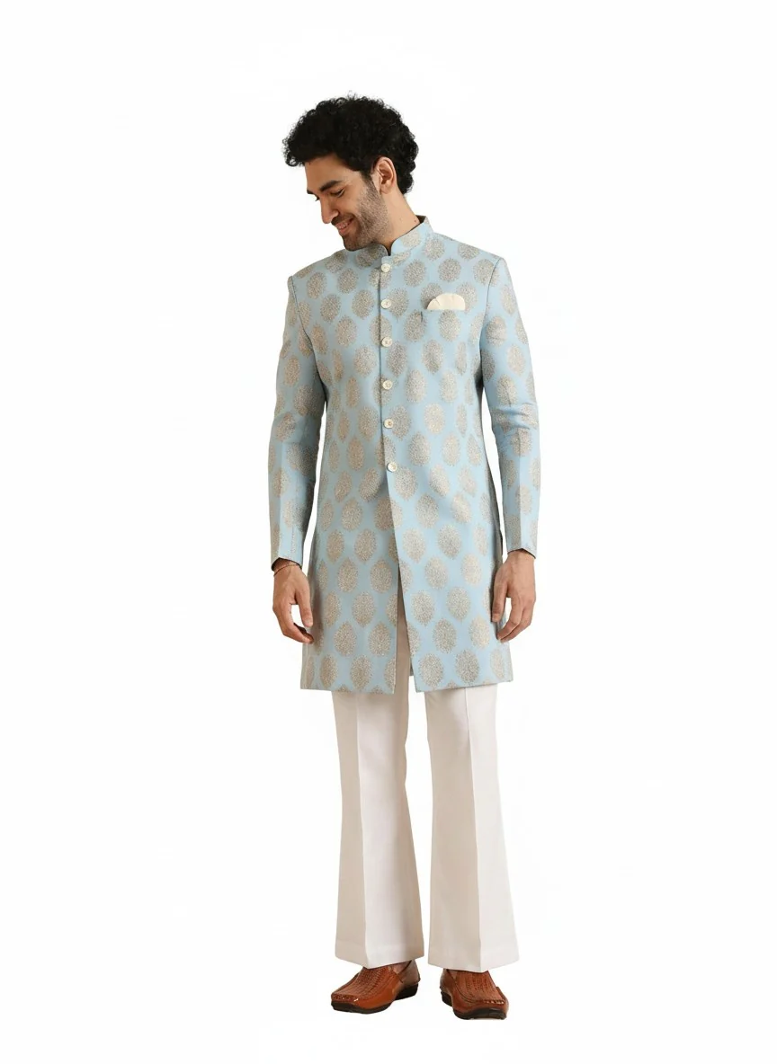 Sky Blue Pure Cotton Printed Sherwani Wide Leg Trouser Set - Image 8