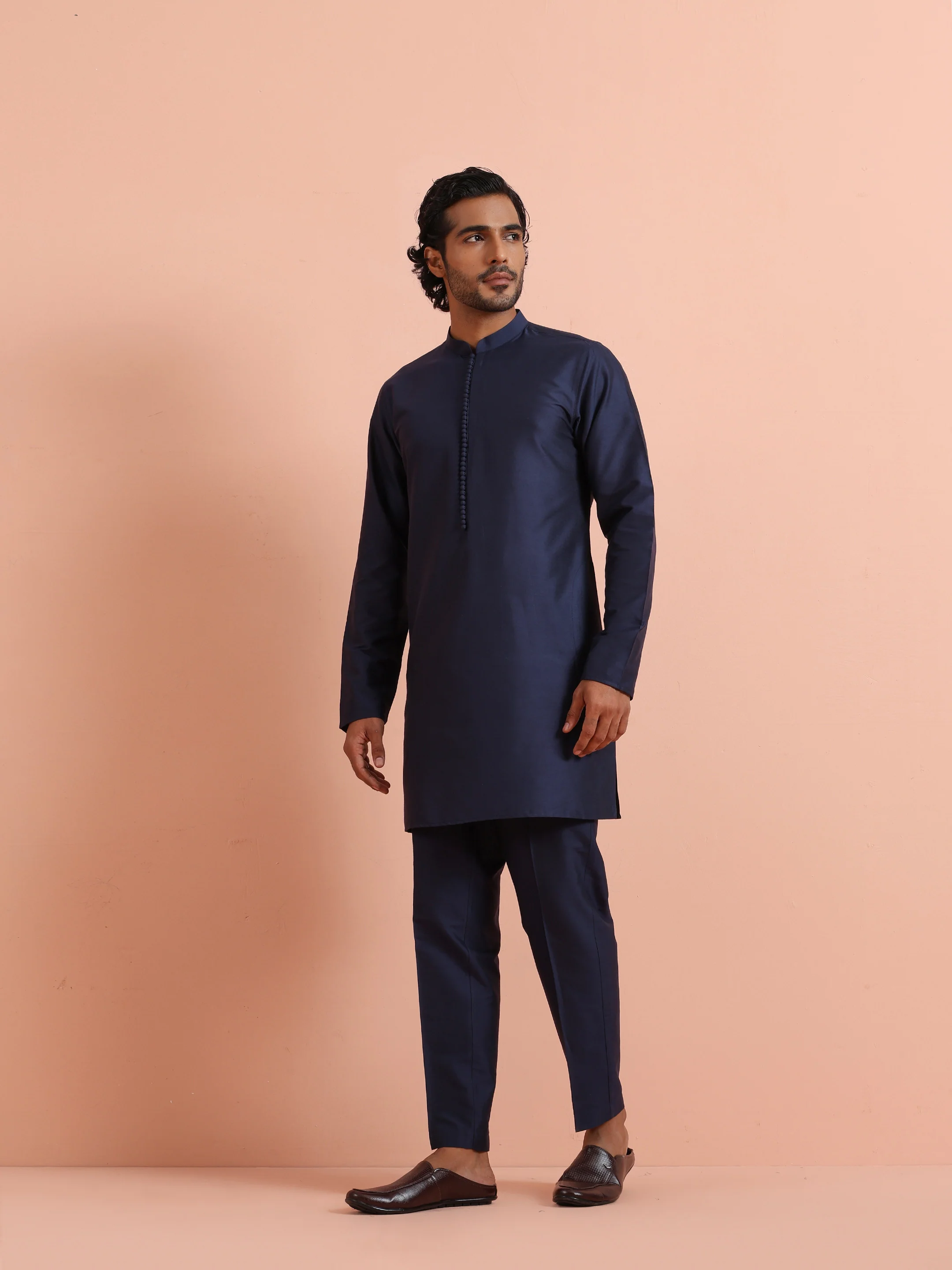 Solid Navy Mid Kurta - Image 3