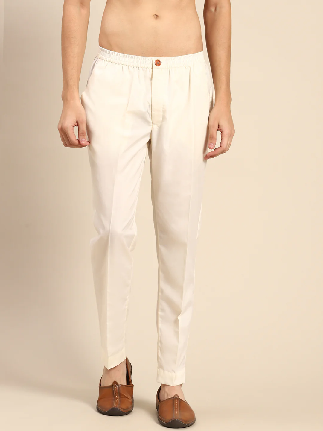 Cream Solid Cotton Blend Trouser