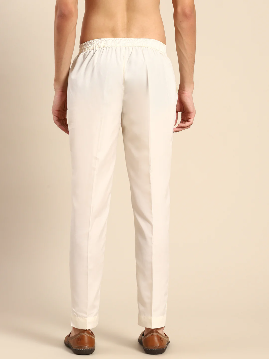 Cream Solid Cotton Blend Trouser - Image 3