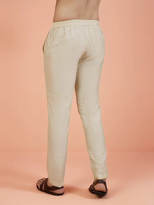 Beige Cotton Blend Solid Slim Fit Trouser - Image 4
