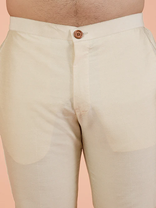 Beige Cotton Blend Solid Slim Fit Trouser - Image 5