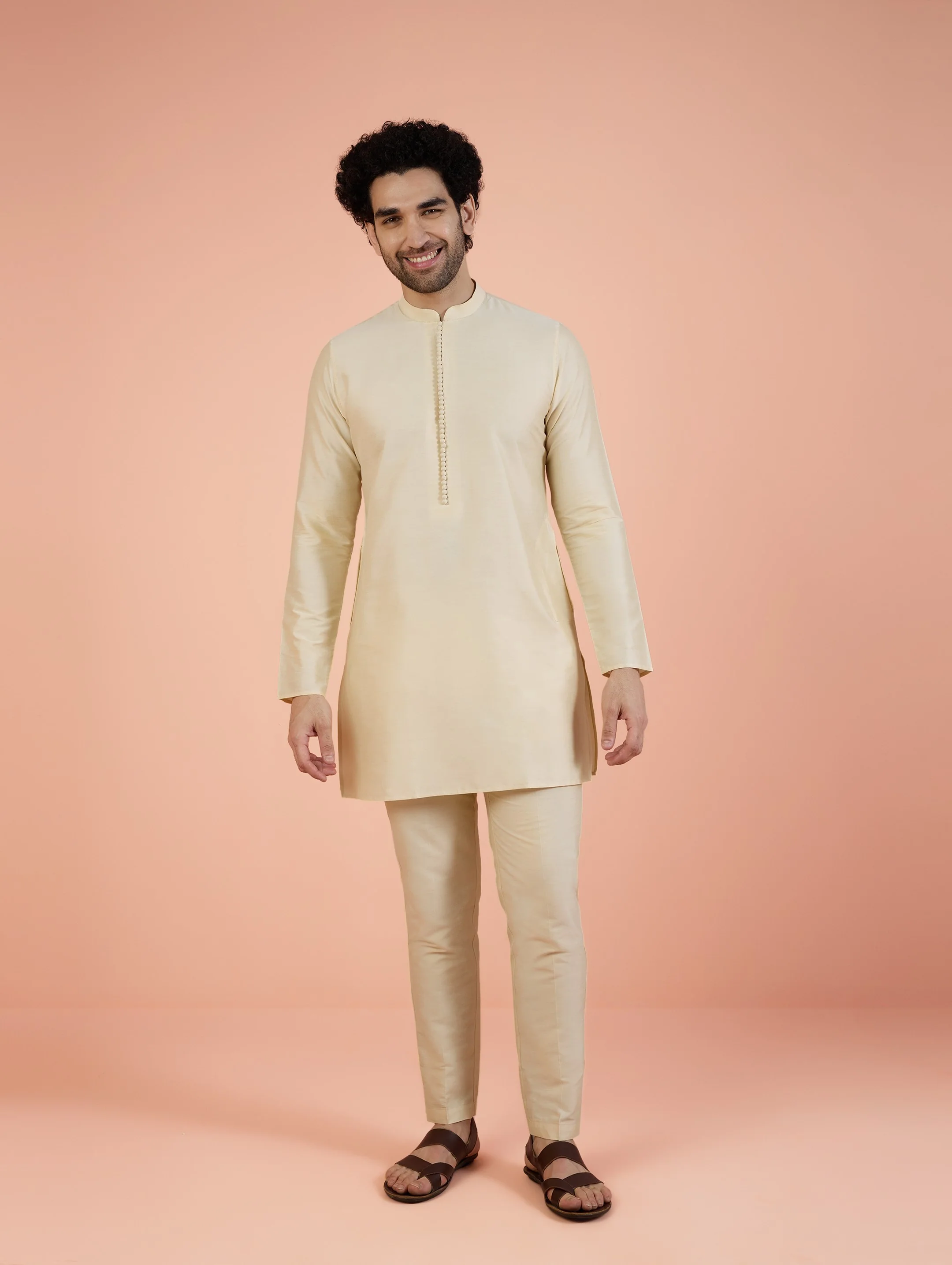 Beige Cotton Blend Solid Slim Fit Trouser - Image 6