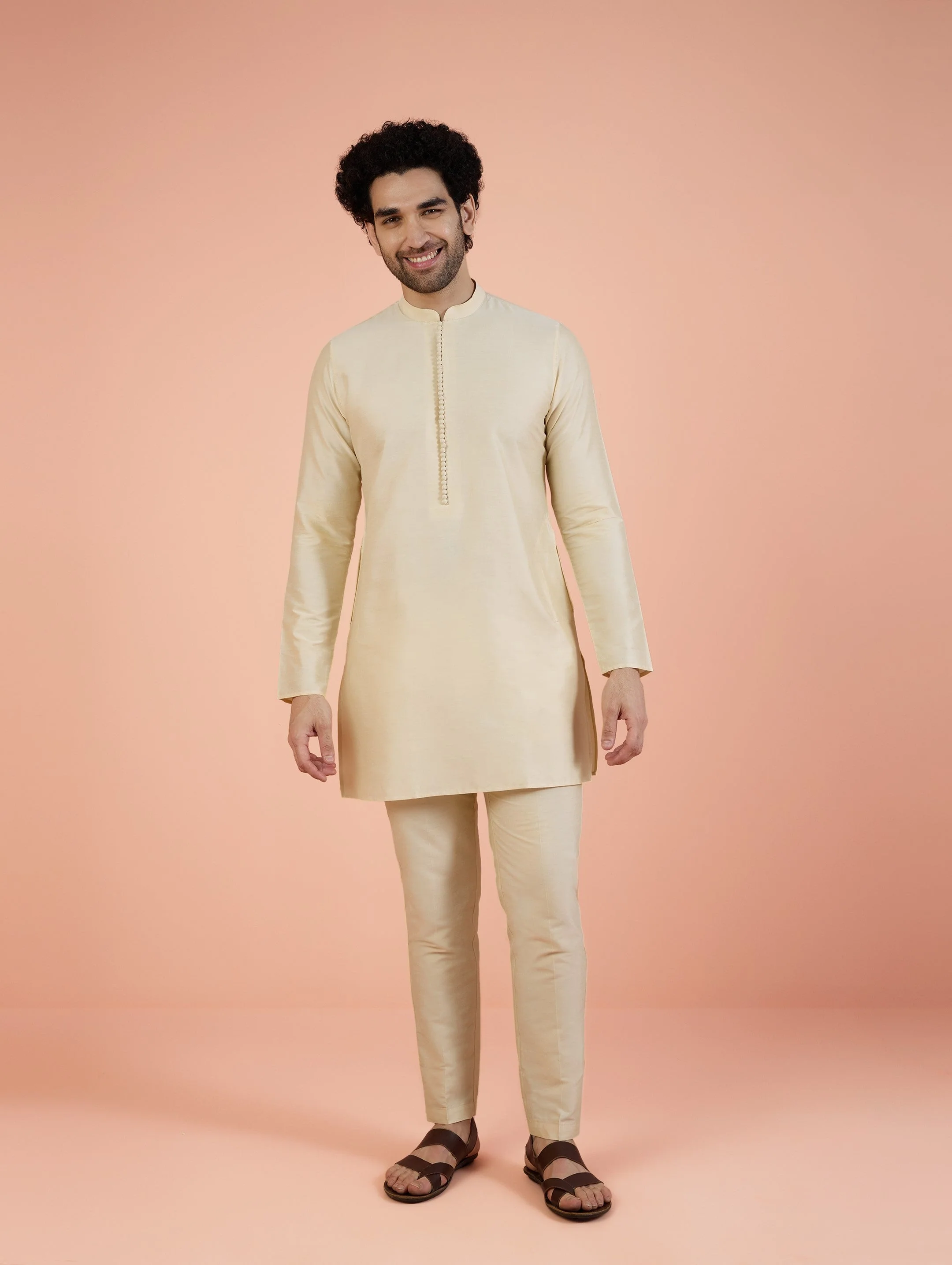 Beige Cotton Blend Solid Slim Fit Trouser - Image 8