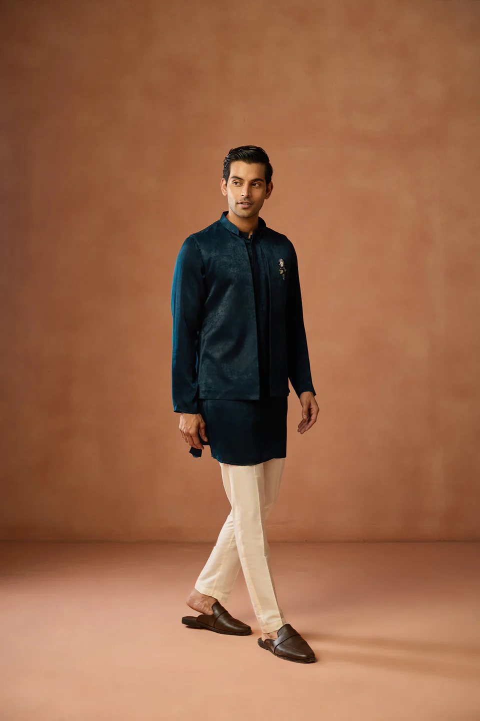 Teal Blue Jacket Kurta Trouser Set - Image 2