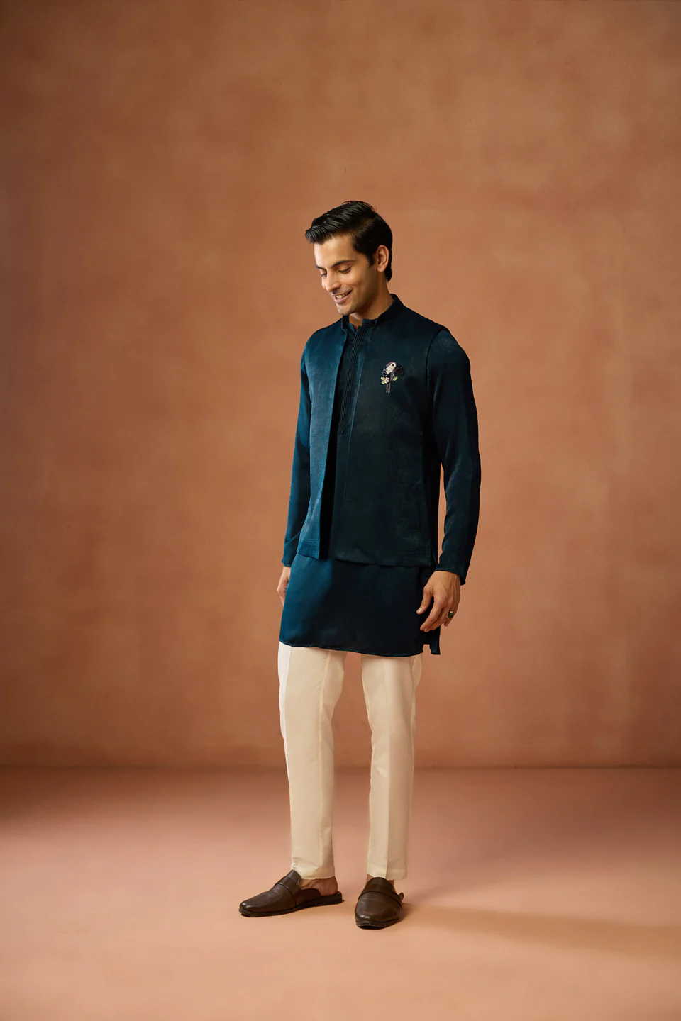 Teal Blue Jacket Kurta Trouser Set - Image 3