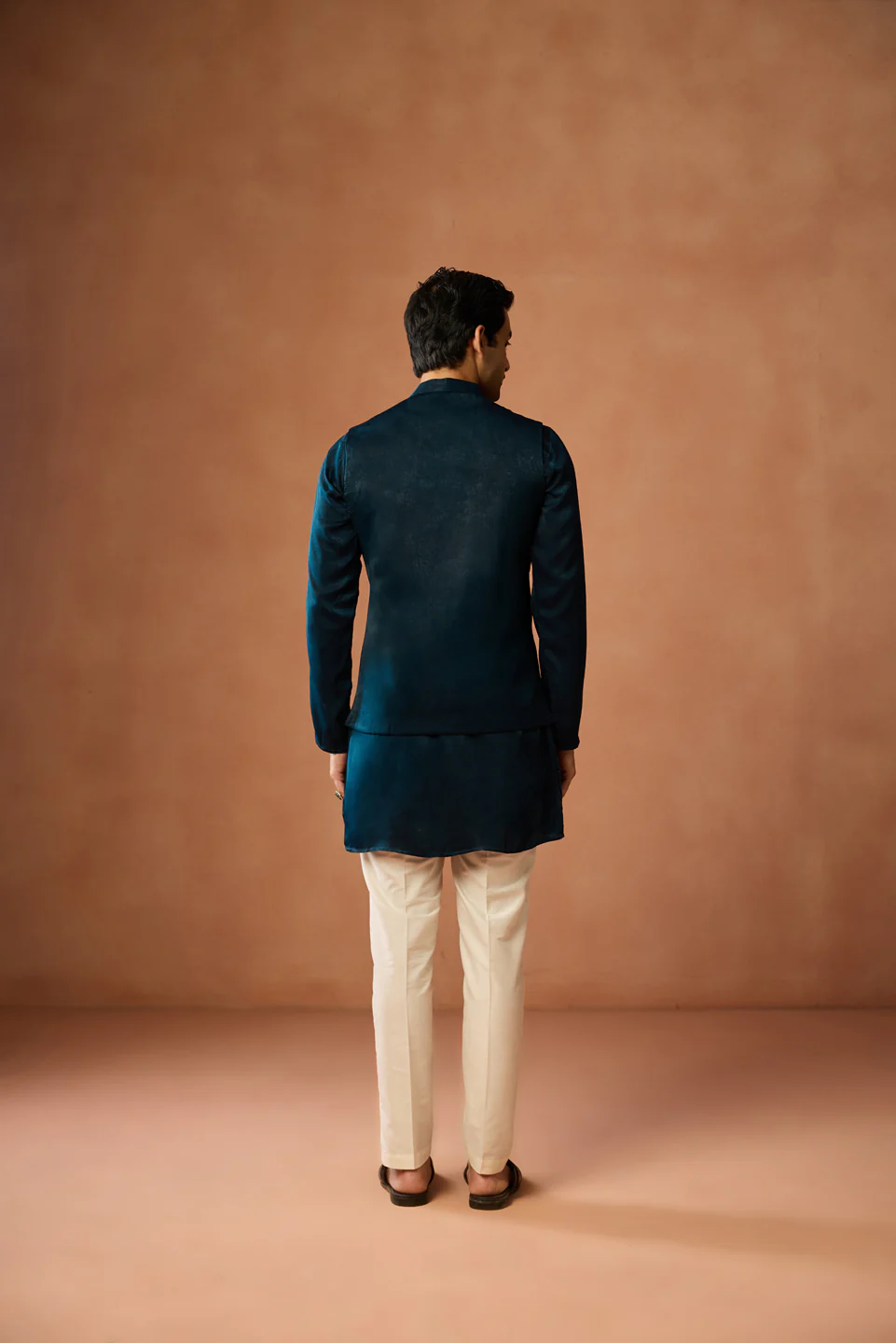 Teal Blue Jacket Kurta Trouser Set - Image 4