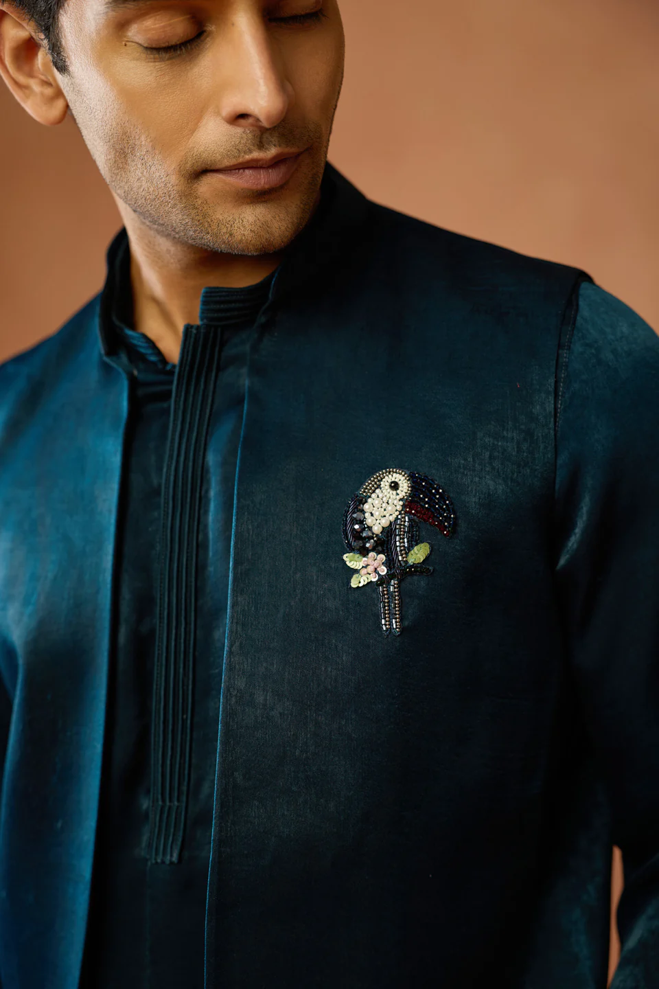 Teal Blue Jacket Kurta Trouser Set - Image 5