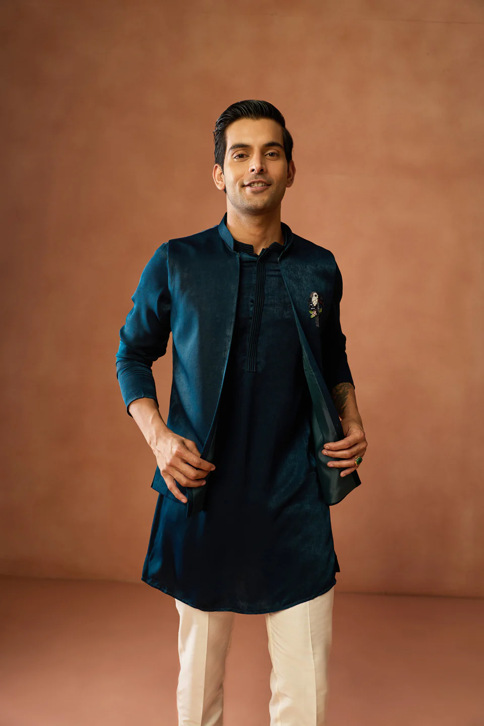 Teal Blue Jacket Kurta Trouser Set - Image 8