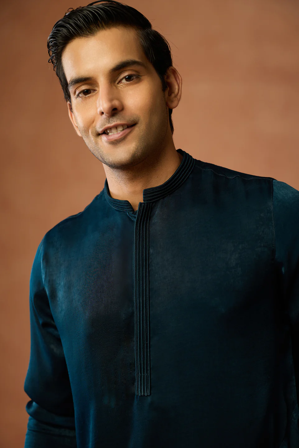Teal Blue Silk Blend Mid Kurta Trouser Set - Image 6