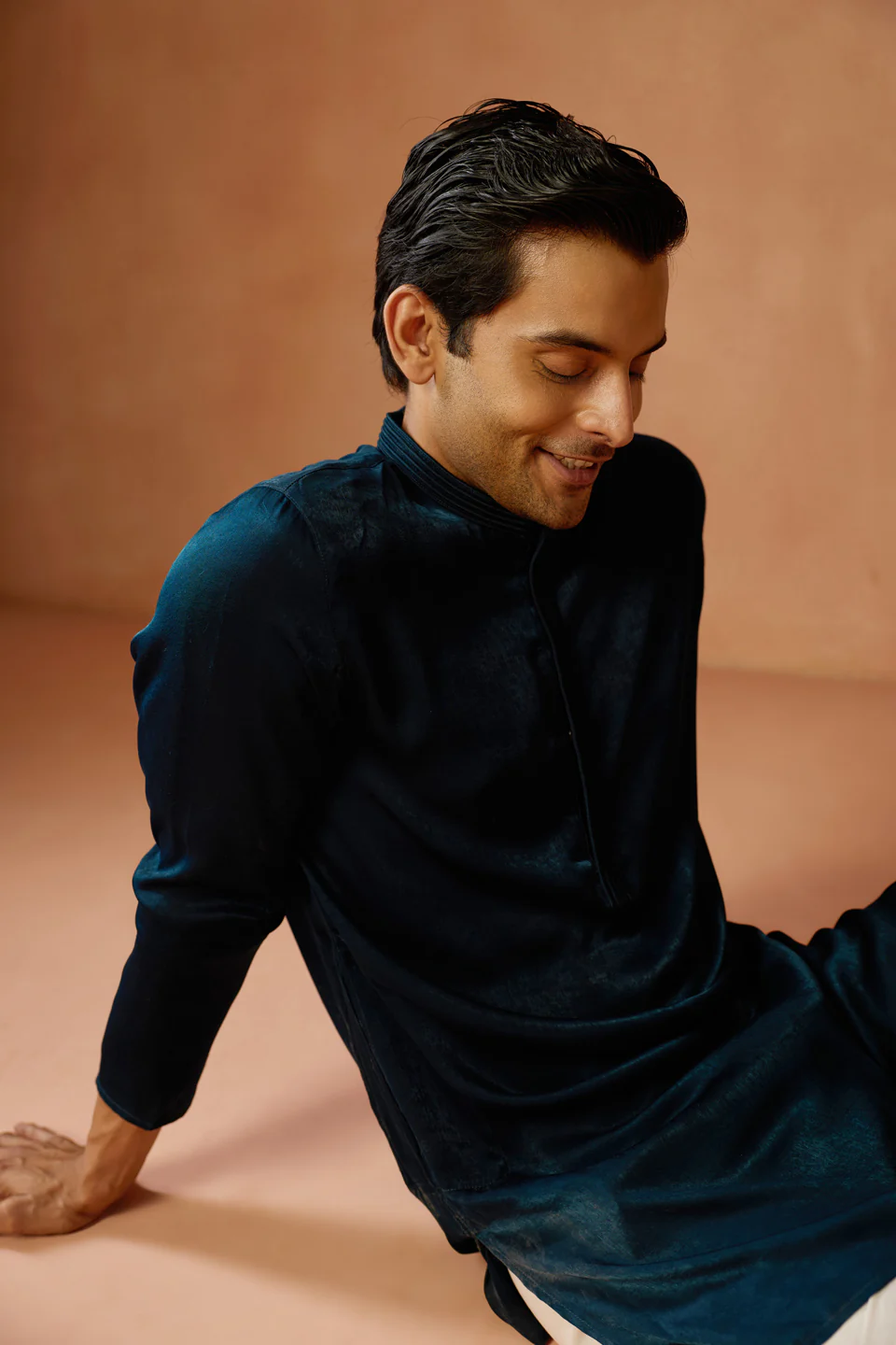Teal Blue Silk Blend Mid Kurta Trouser Set - Image 7