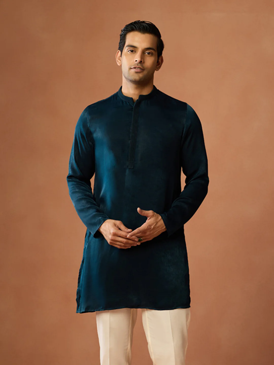 Teal Blue Silk Blend Mid Kurta Trouser Set - Image 8