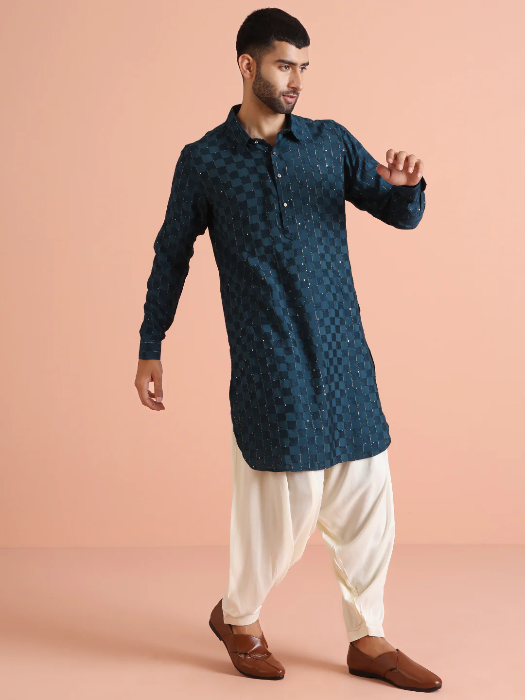 Teal Blue Silk Blend Textured Long Pathani Kurta - Image 2