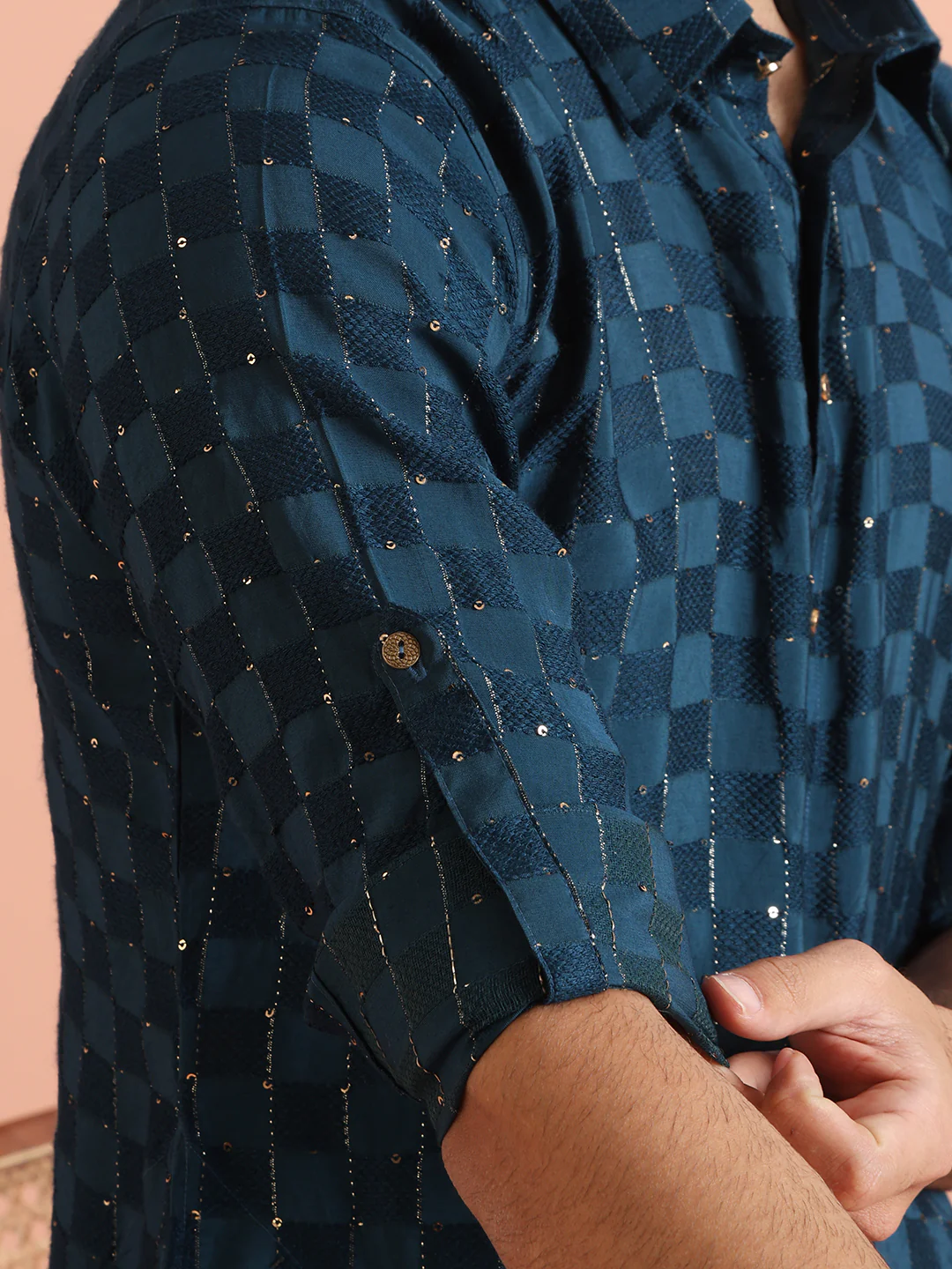 Teal Blue Silk Blend Textured Long Pathani Kurta - Image 7