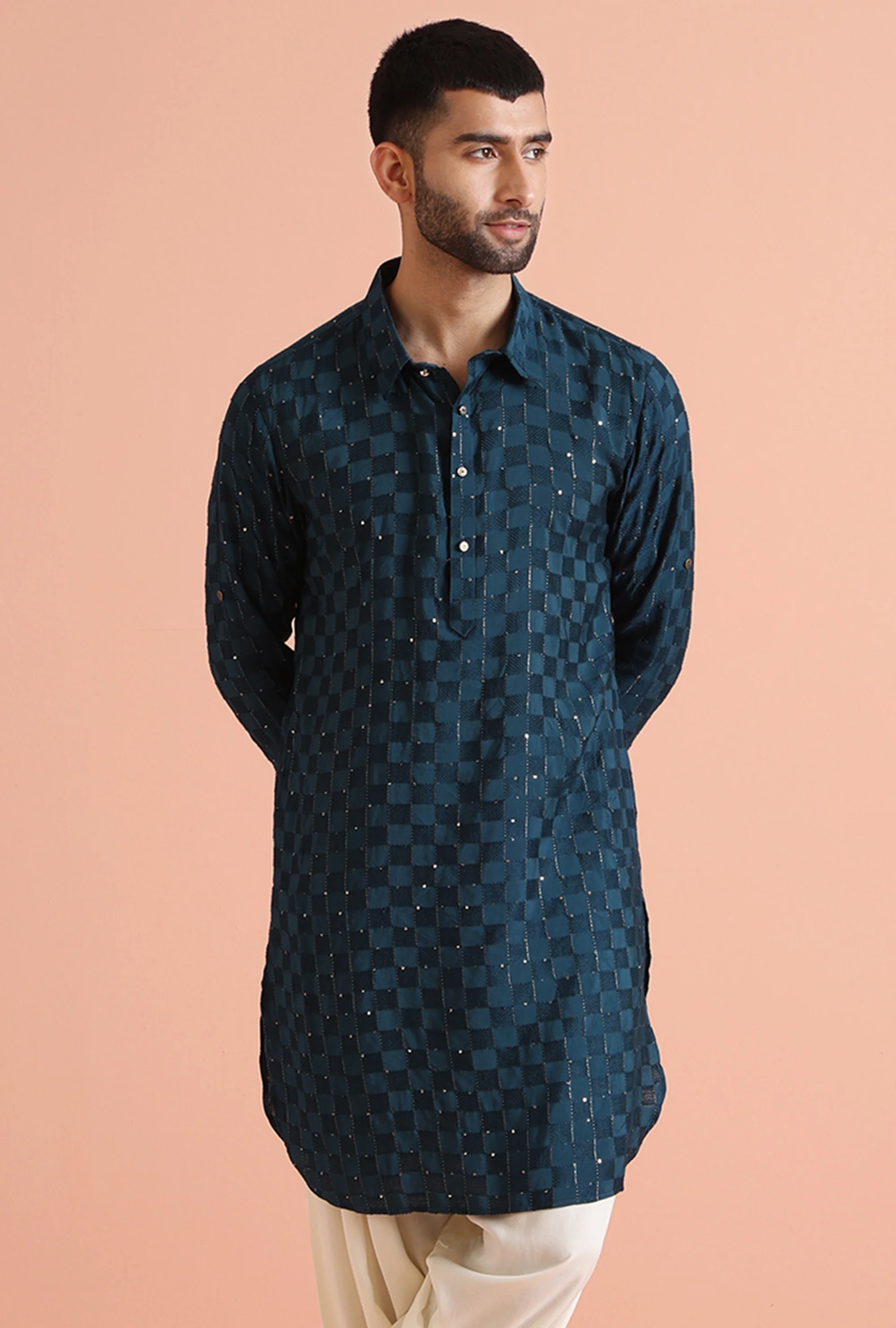 Teal Blue Silk Blend Textured Long Pathani Kurta - Image 8