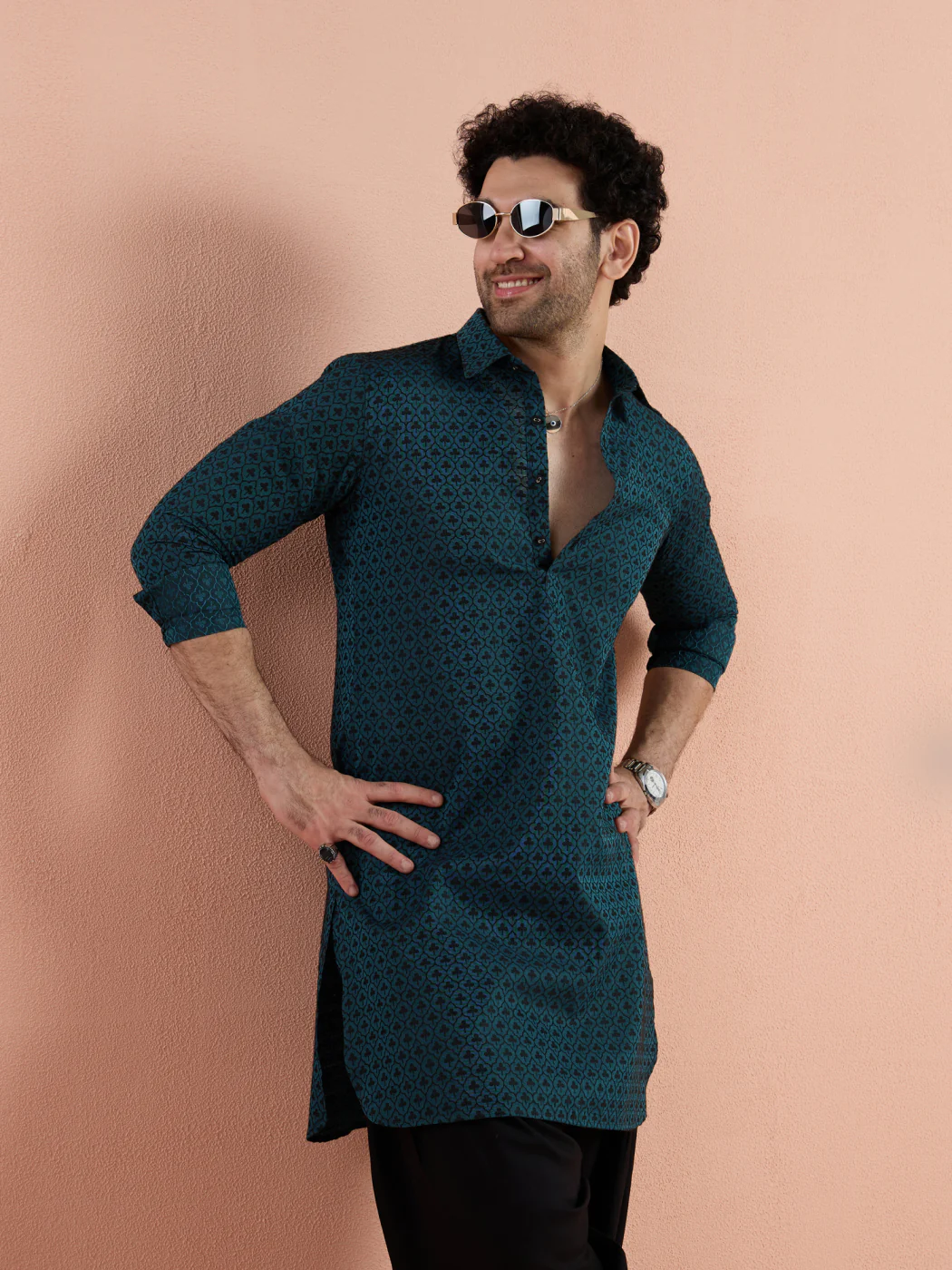 Teal Cotton Jacquard Pathani Kurta Patiyala Set - Image 10