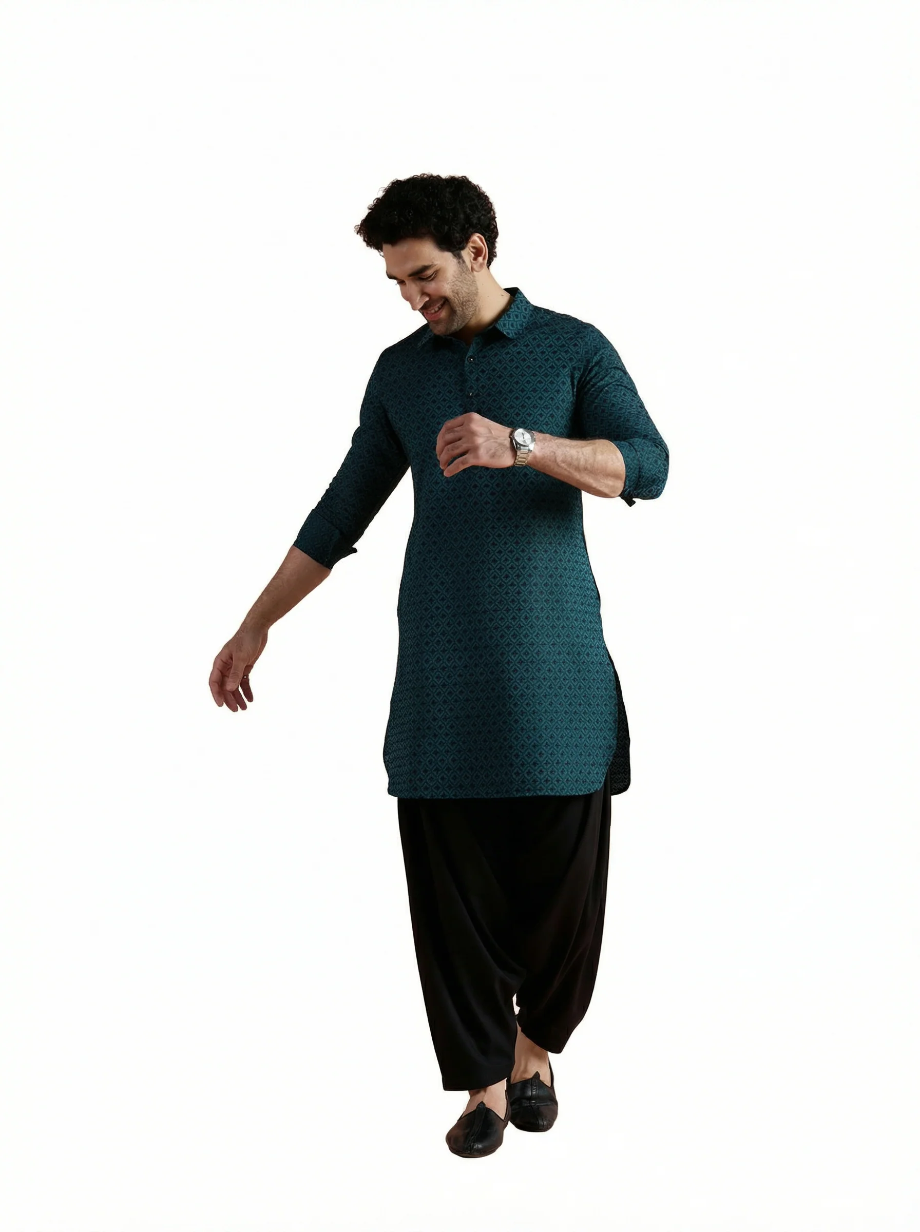 Teal Cotton Jacquard Pathani Kurta Patiyala Set - Image 11