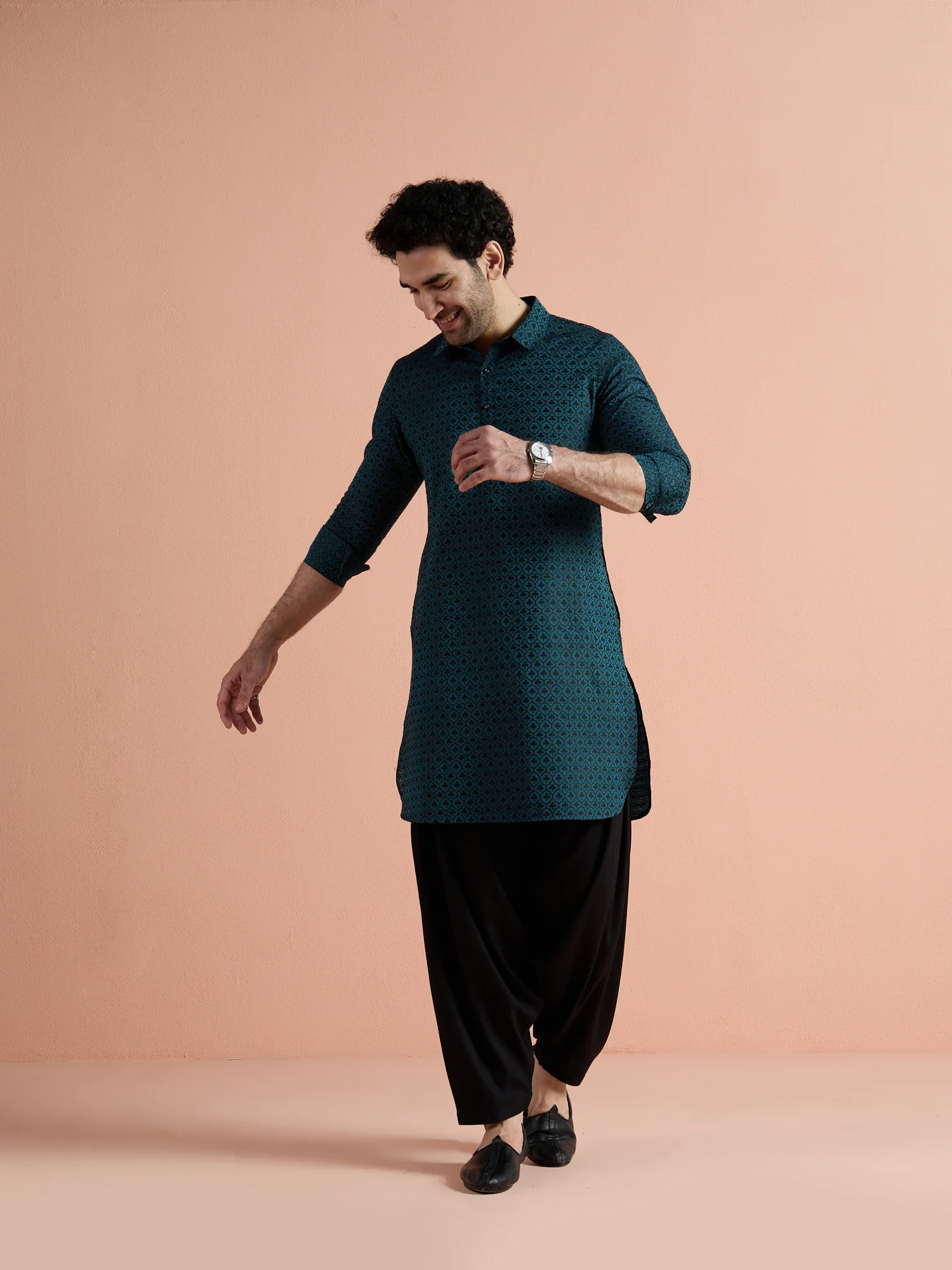 Teal Cotton Jacquard Pathani Kurta Patiyala Set - Image 2