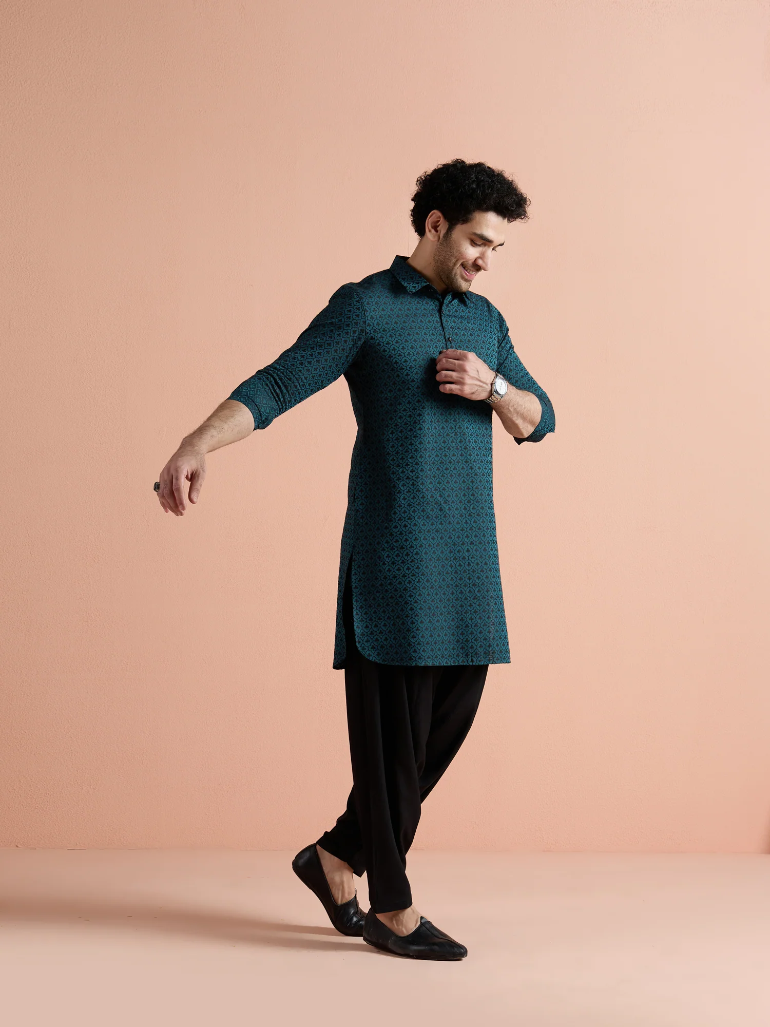 Teal Cotton Jacquard Pathani Kurta Patiyala Set - Image 3