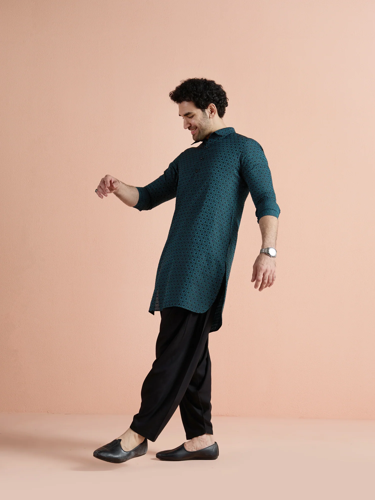 Teal Cotton Jacquard Pathani Kurta Patiyala Set - Image 4
