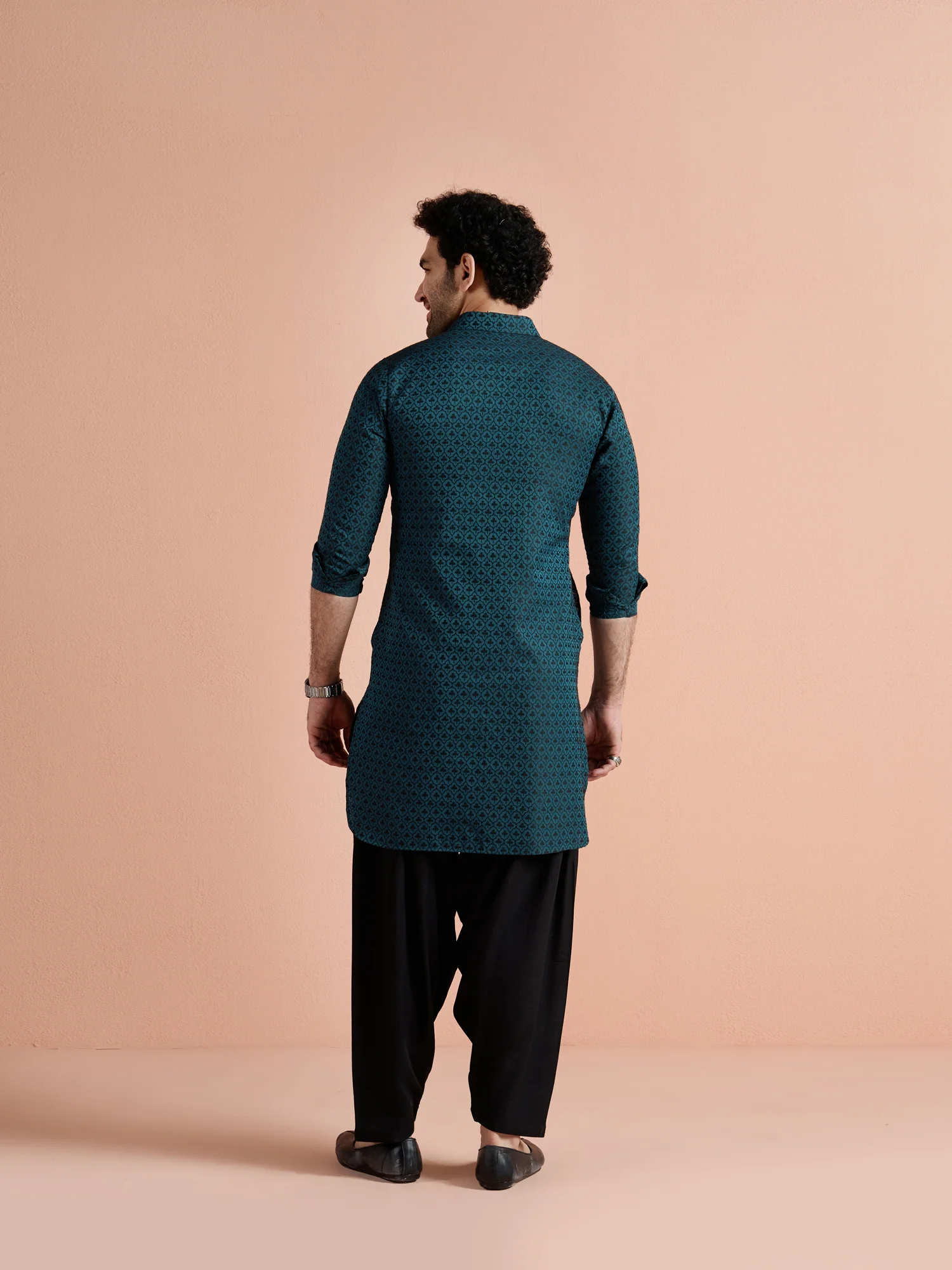Teal Cotton Jacquard Pathani Kurta Patiyala Set - Image 5