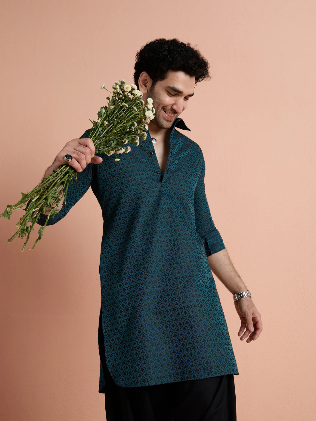 Teal Cotton Jacquard Pathani Kurta Patiyala Set - Image 9