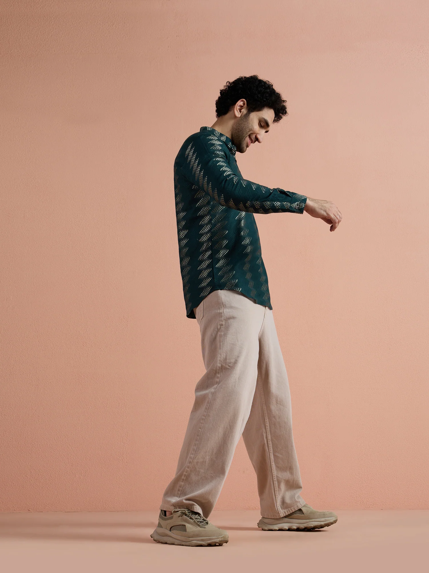 Teal Cotton Jacquard Short Kurta - Image 2