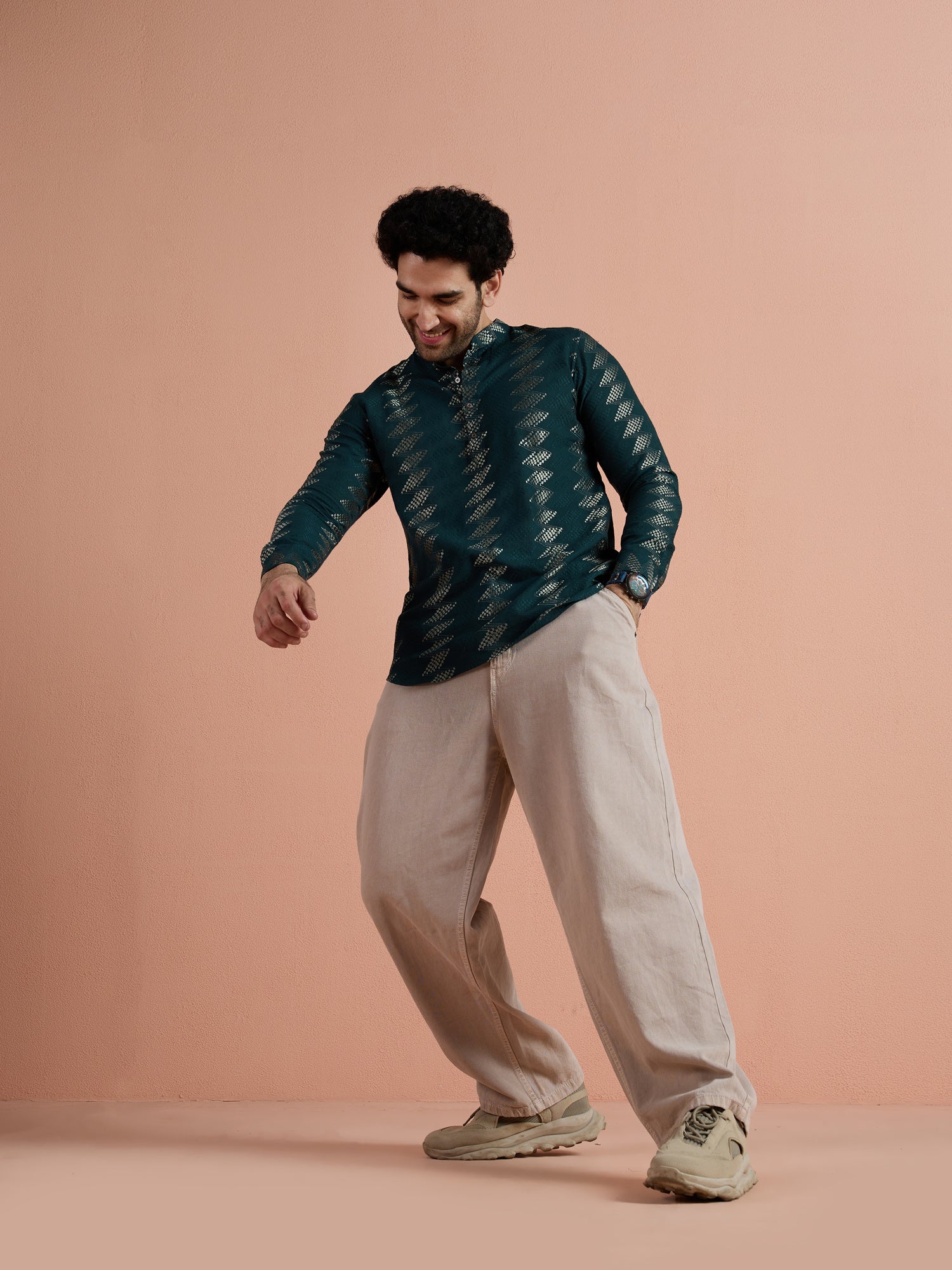 Teal Cotton Jacquard Short Kurta - Image 3
