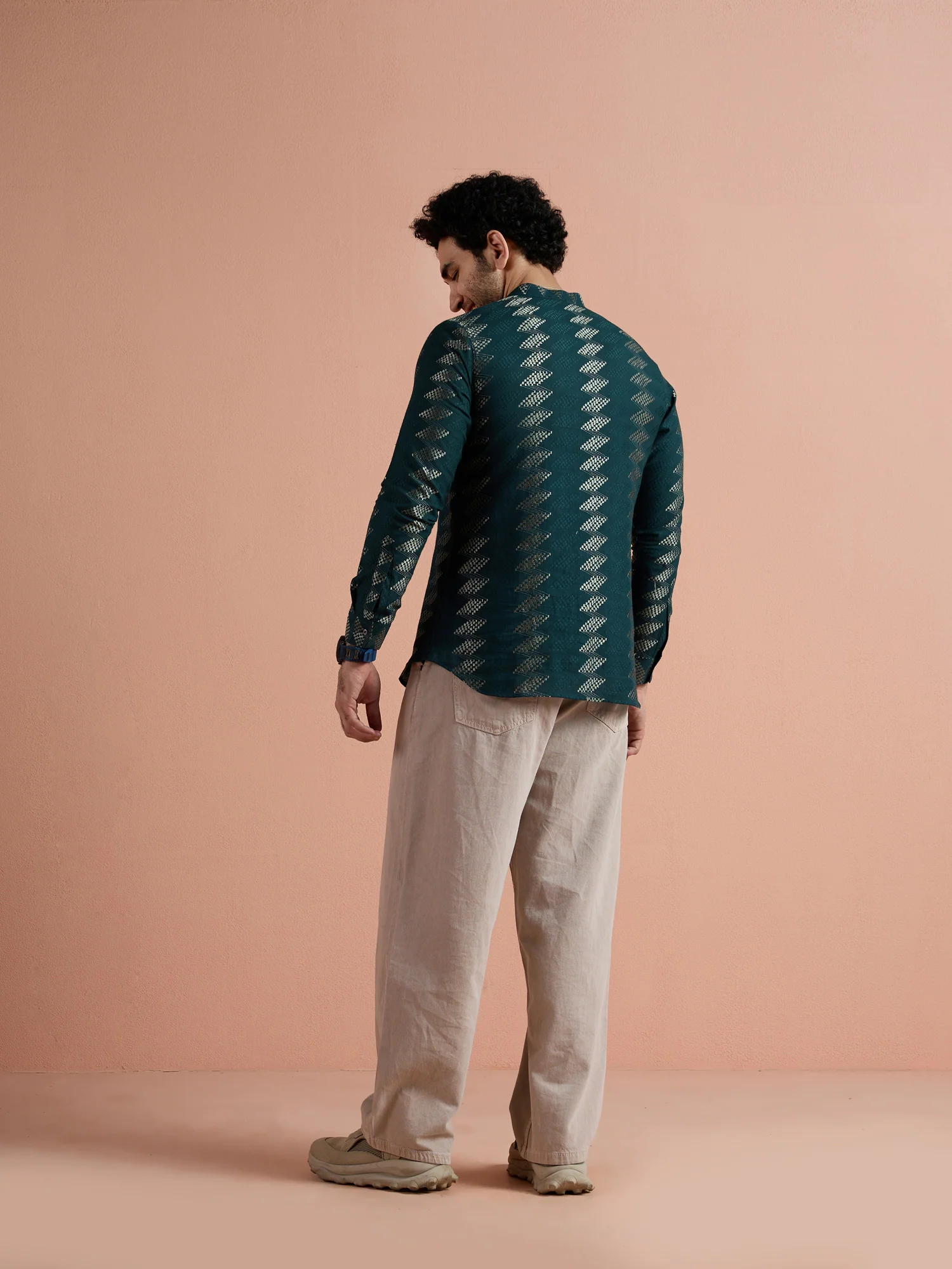 Teal Cotton Jacquard Short Kurta - Image 4