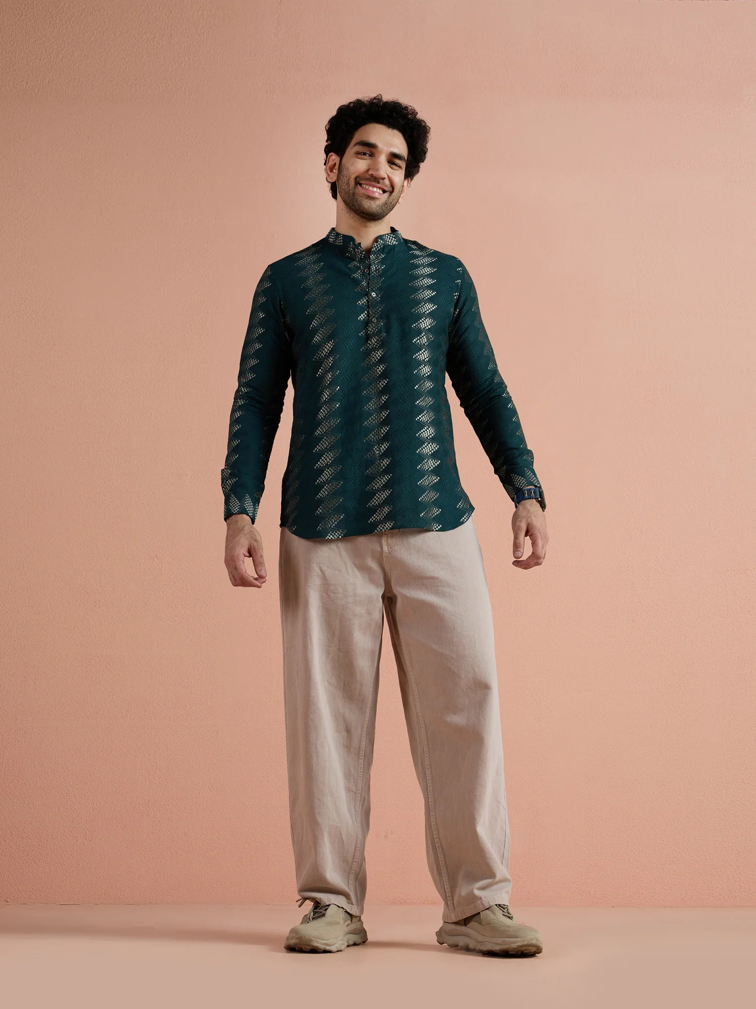 Teal Cotton Jacquard Short Kurta - Image 8