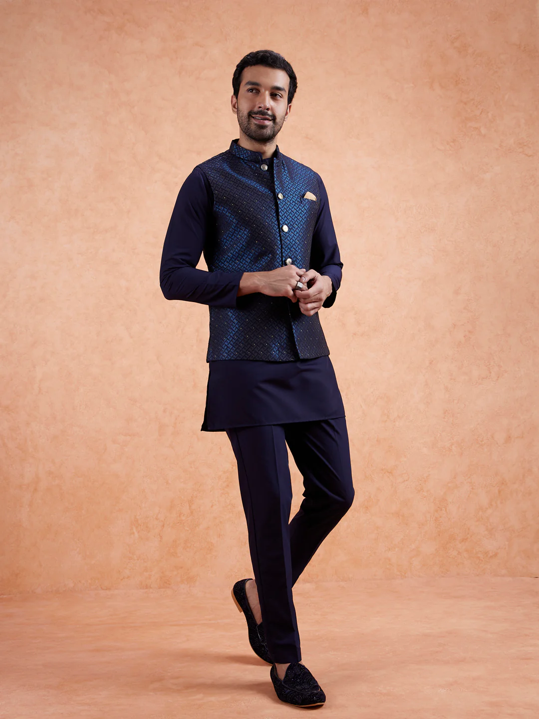 Navy Blue Jacquard Kurta Jacket Set - Image 10