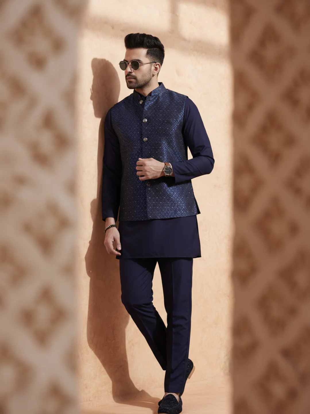 Navy Blue Jacquard Kurta Jacket Set - Image 2