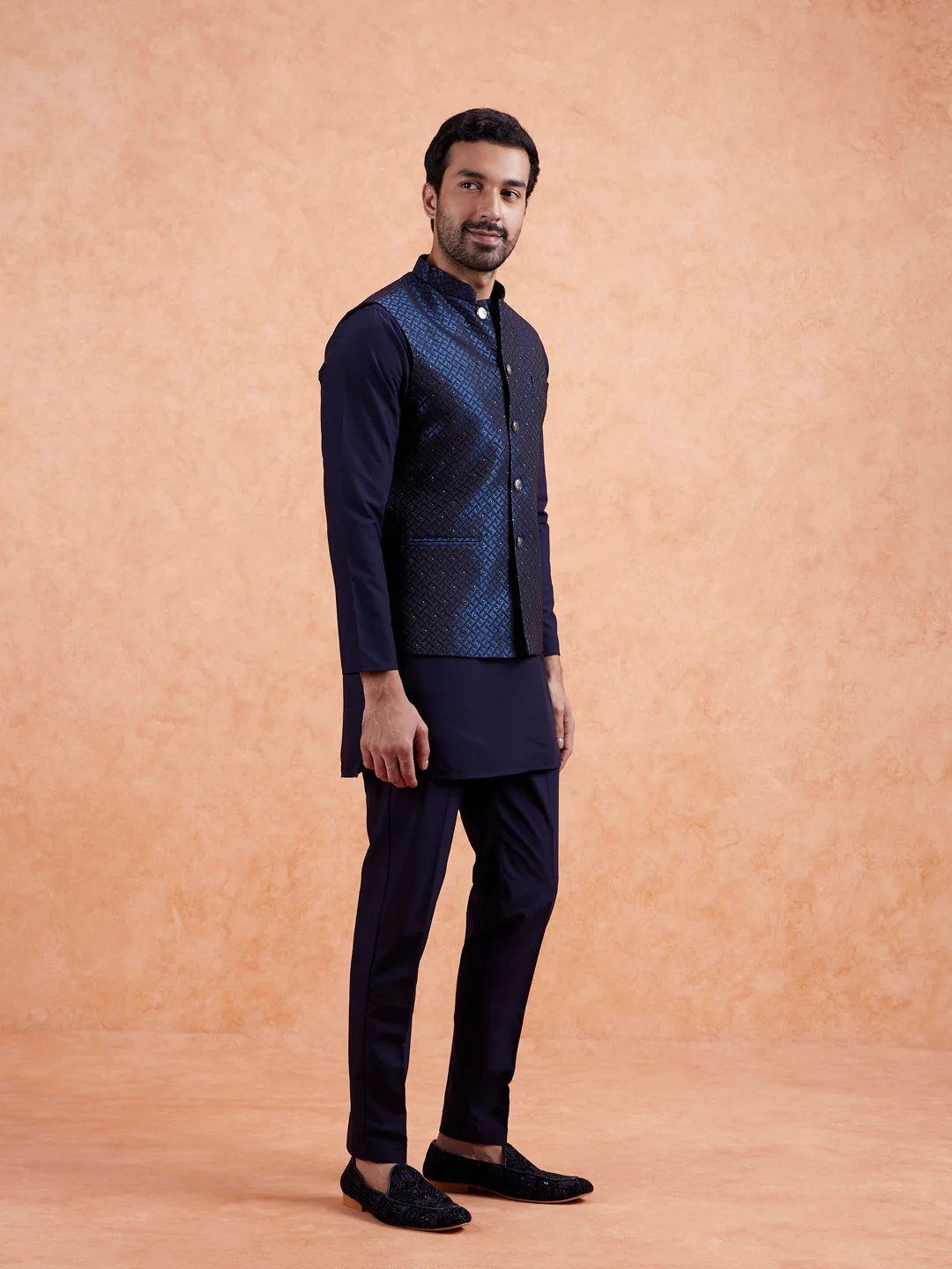 Navy Blue Jacquard Kurta Jacket Set - Image 3