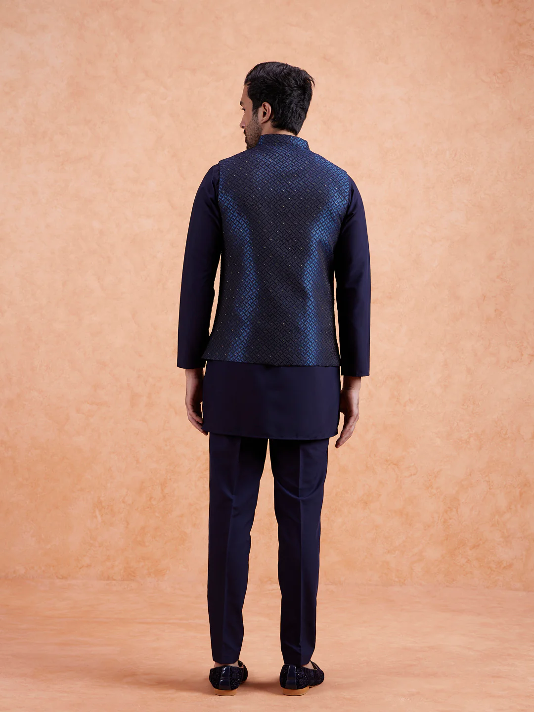 Navy Blue Jacquard Kurta Jacket Set - Image 5