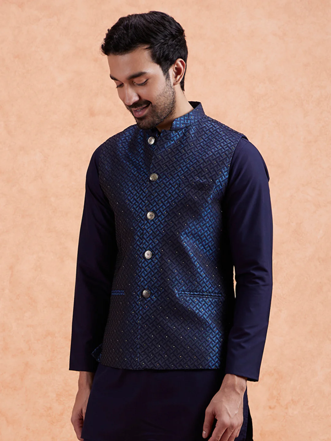 Navy Blue Jacquard Kurta Jacket Set - Image 7