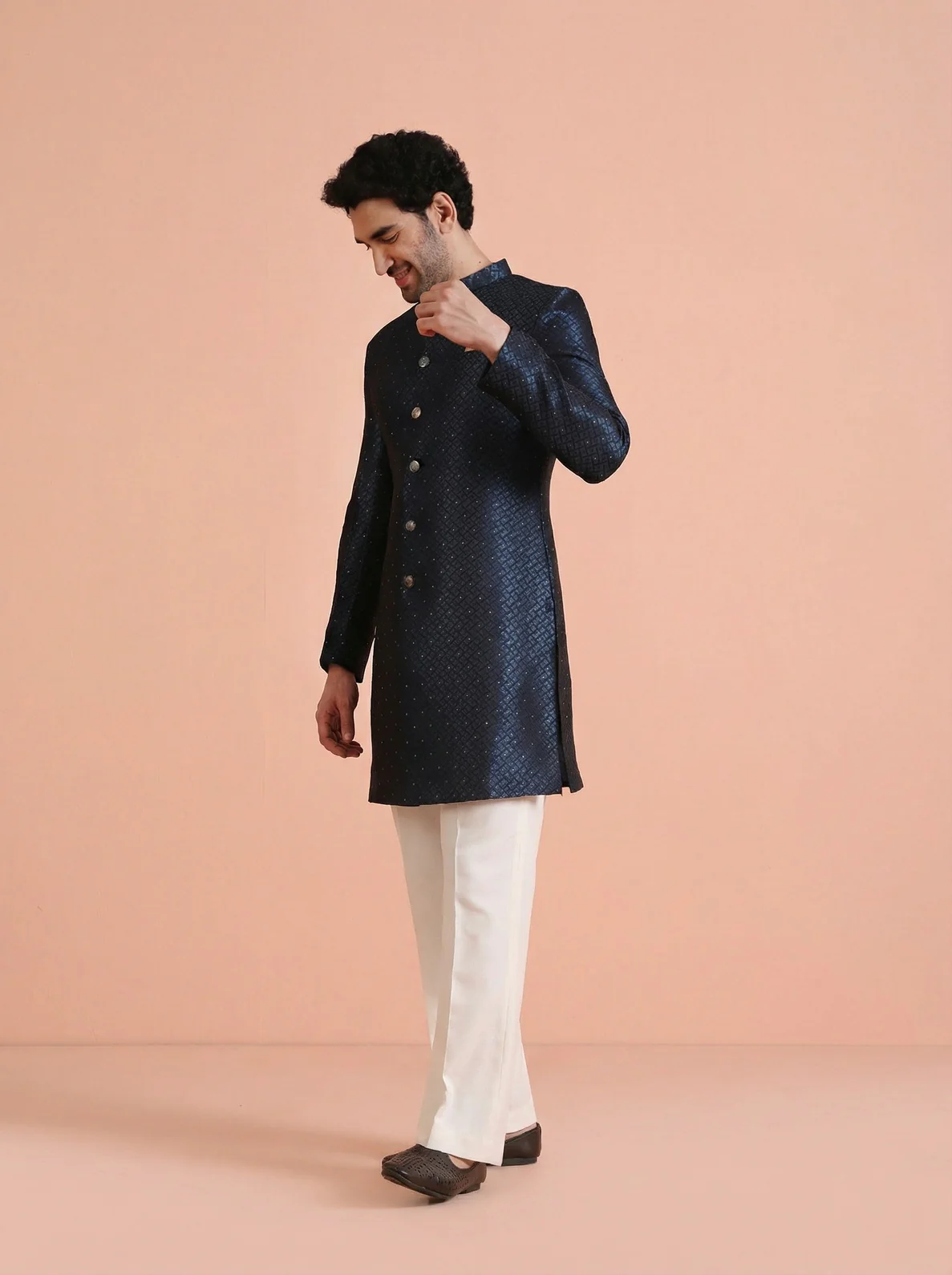Turquoise Silk Blend Jacquard Sherwani Wide Leg Trouser Set - Image 6