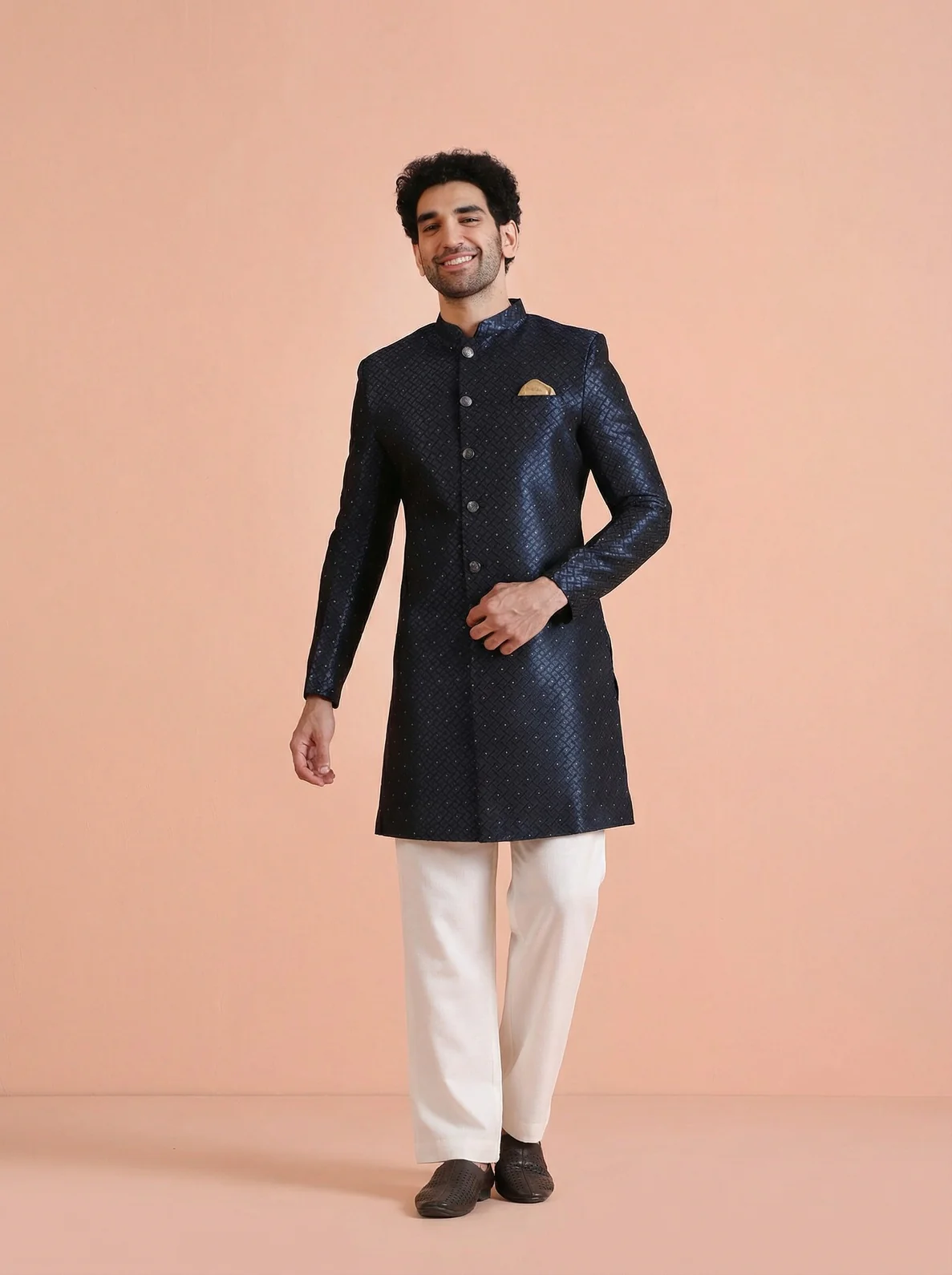 Turquoise Silk Blend Jacquard Sherwani Wide Leg Trouser Set - Image 7