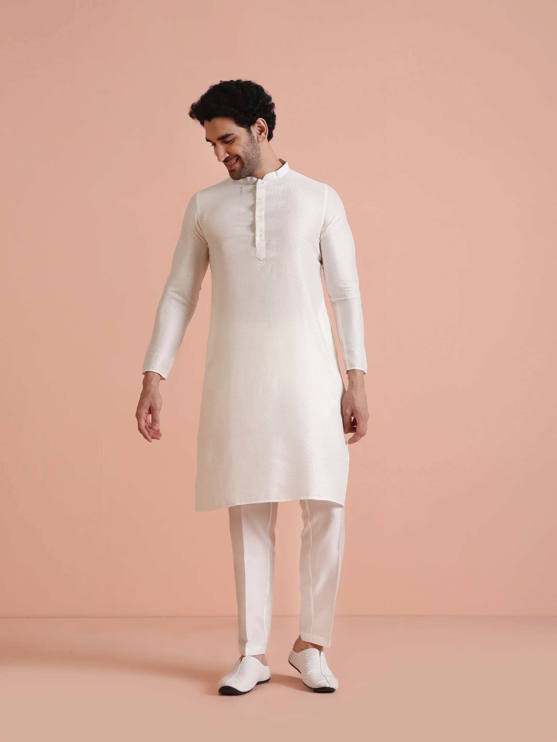 White Art Silk Woven Design Kurta Trouser Set - Image 7