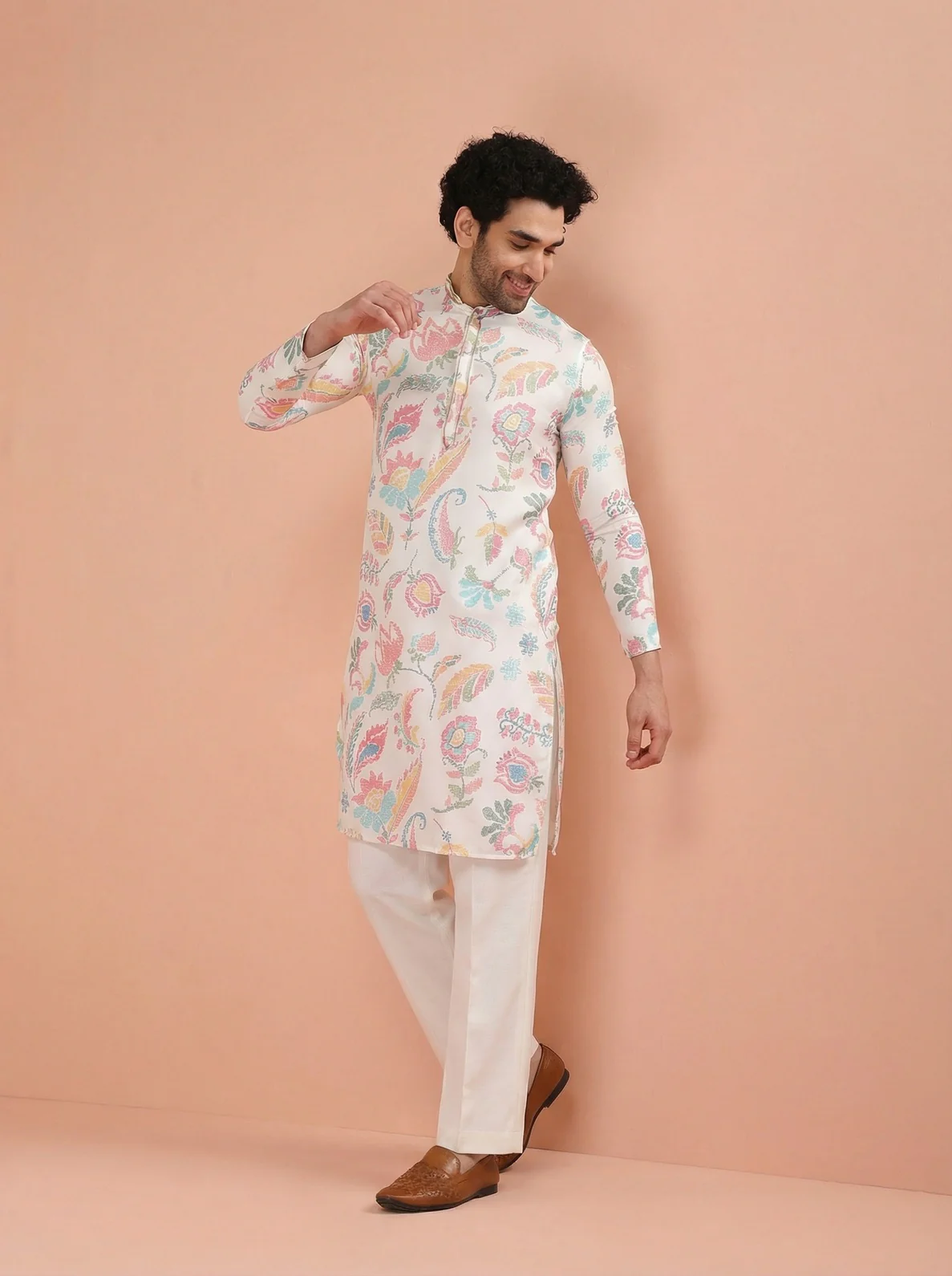 White Cotton Blend Printed Kurta Wide Leg Trouser Set - Image 2