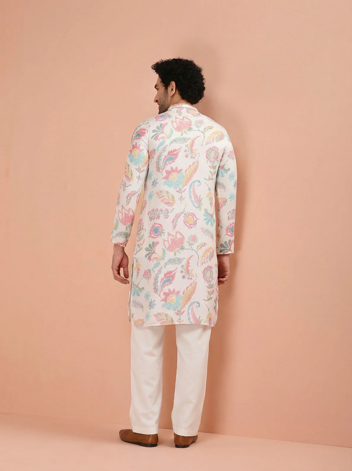 White Cotton Blend Printed Kurta Wide Leg Trouser Set - Image 3