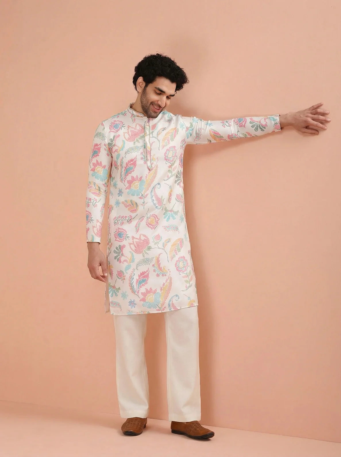 White Cotton Blend Printed Kurta Wide Leg Trouser Set - Image 6