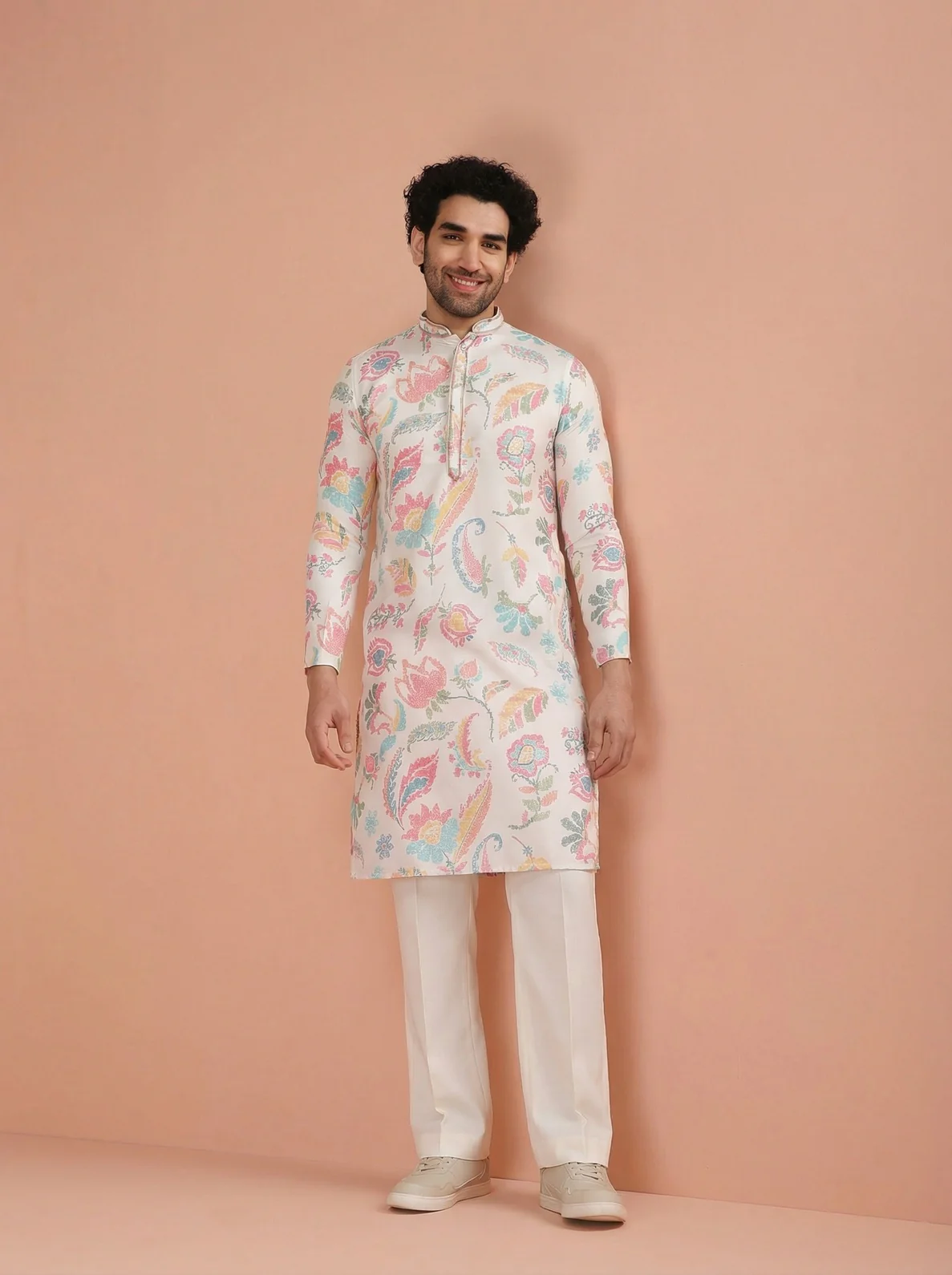 White Cotton Blend Printed Kurta Wide Leg Trouser Set - Image 7