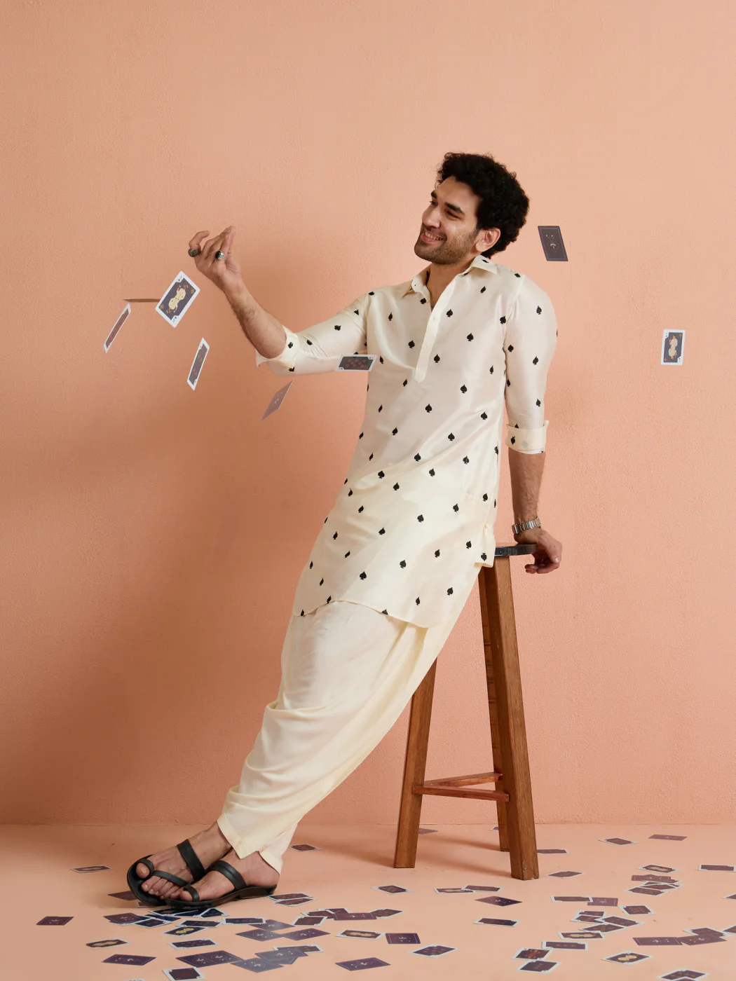 White Cotton Embroidered Pathani Kurta Patiyala Set - Image 10
