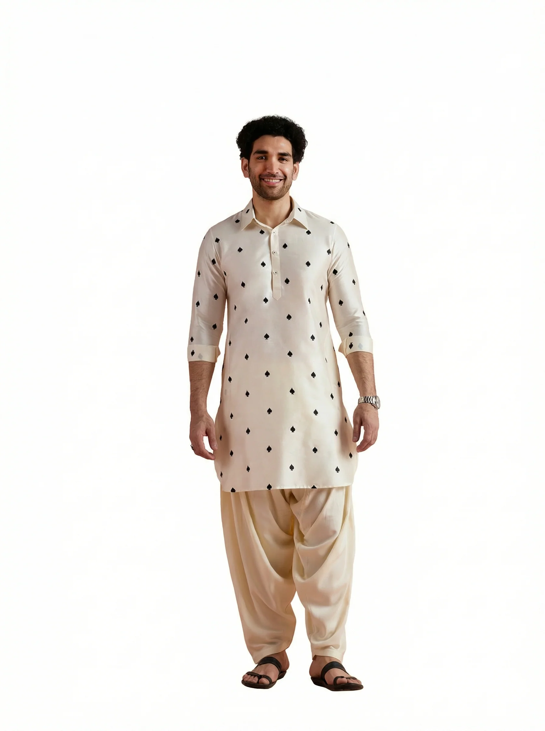 White Cotton Embroidered Pathani Kurta Patiyala Set - Image 12